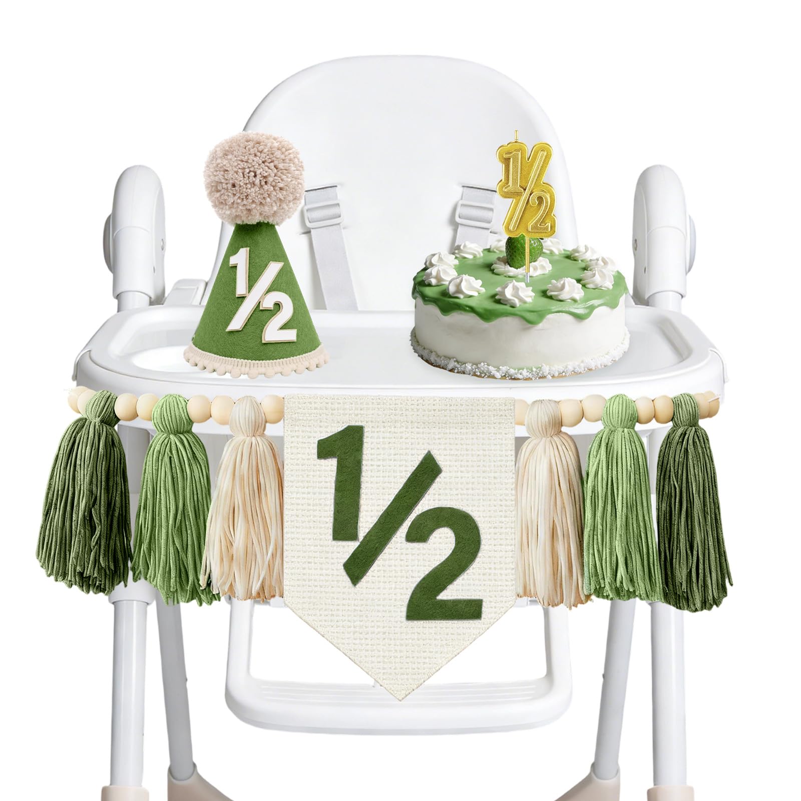 Photo 1 of 1/2 Birthday Boy High Chair Banner - 3PCS Half Birthday Decorations with Cone Birthday Hat Cake Candle, Half Way to One Decorations Kit for Baby Boy 6 Month Party Photoshoot Props?Sage Green?