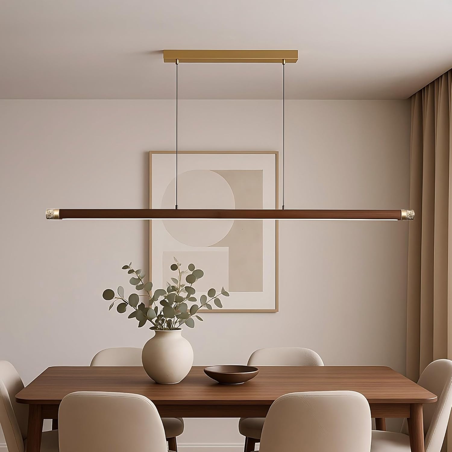 47" Wood Linear Pendant Light, Modern Wabi-Sabi Chandelier with Handcrafted Walnut & Brass, 3 Color Temperatures (3000K-6000K), Hanging Light Fixture for Dining Room, Kitchen, Bedroom Walnut Wood