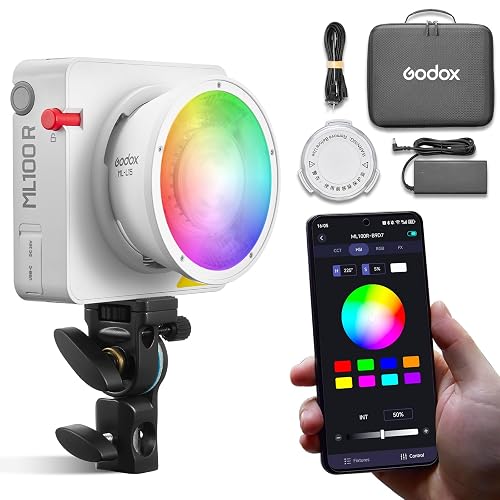 Godox ML100R 110W RGB Portable LED Video Light, 1800K-10000K, Full HSI & CCT 1800K–10,000K, CRI 95+, 14 FX, App/Onboard Control, Compact Pocket Light for Filmmaking, Live Streaming, Video Photography - RGB - ML100