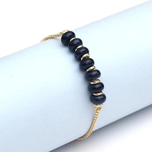 Vista 3 de Gempires - Pulsera de cuentas redondas naturales, chapada en oro amarillo de 14 quilates, joyería hecha a mano, pulseras ajustables para mujer