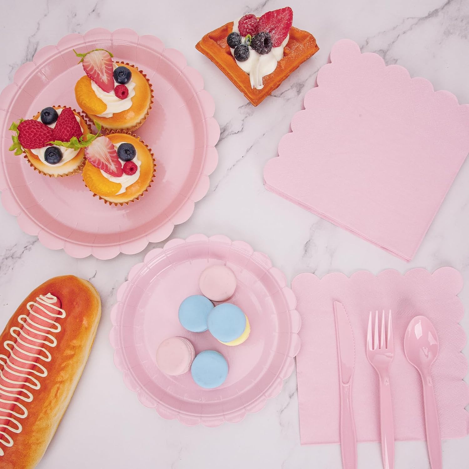 168 Pcs Pink Paper Plates and Napkins, Light Pink Party Supplies Include Scalloped Plate Napkins Cups Forks Knives Disposable Plastic Cutlery for Xmas Dinner Plates Table Decorations - Image 4