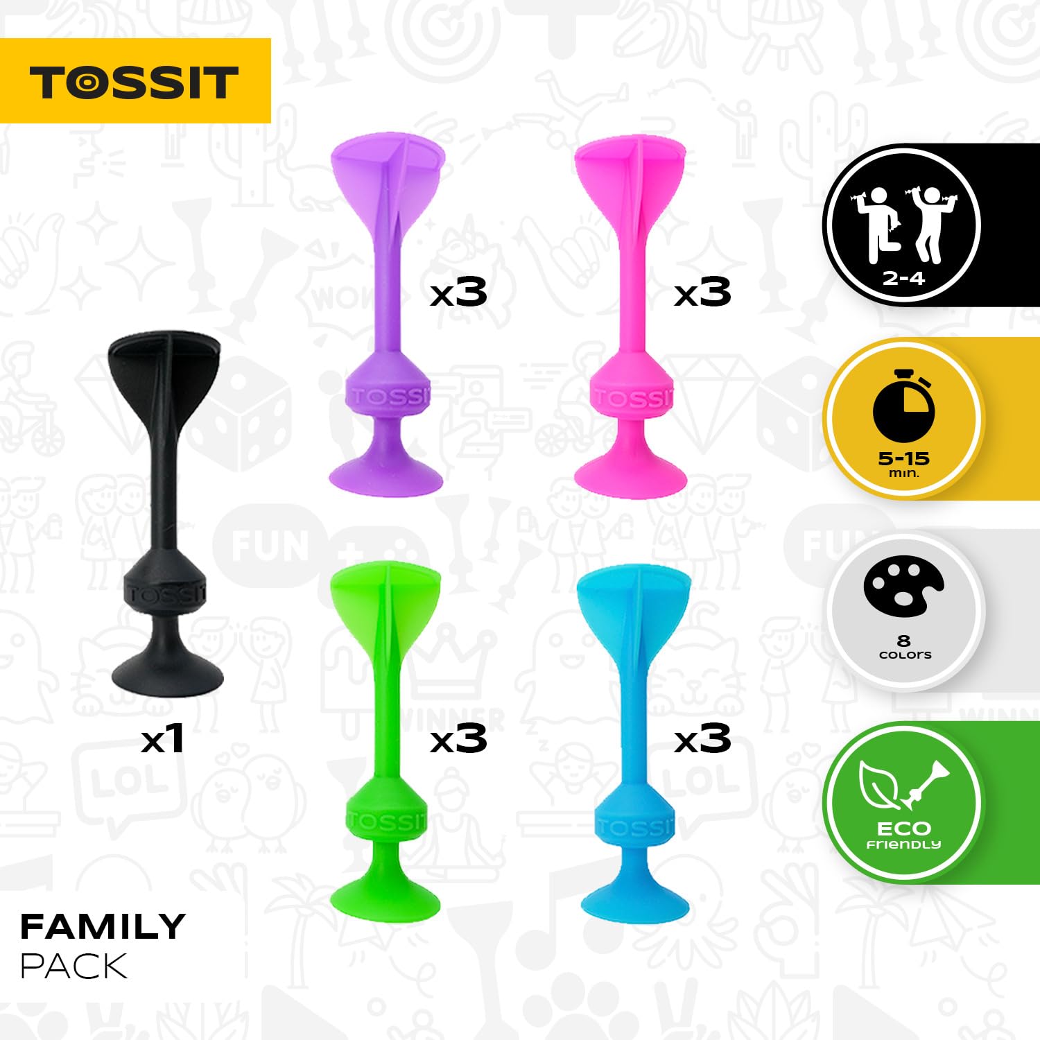 TOSSIT Gioco di Lancio Divertente con Ventosa, Interni Esterni, Si Attacca a Muri, Finestre, Pavimenti, Alternativa Freccette, Bocce, Pétanque, Famiglia, Amici, Family Pack, Rosa Azzurro Viola Verde
