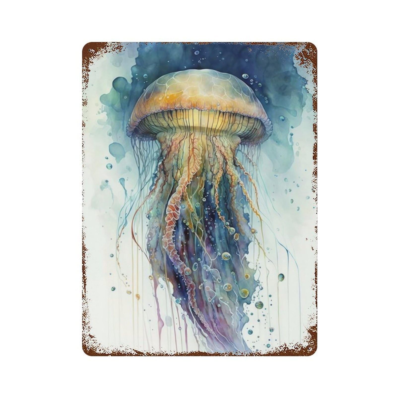 Garage Style Jellyfish Watercolor Aged Metal Wall Plaque 15.7"x11.8", Farmhouse Wall Decor for Bar And Workshop