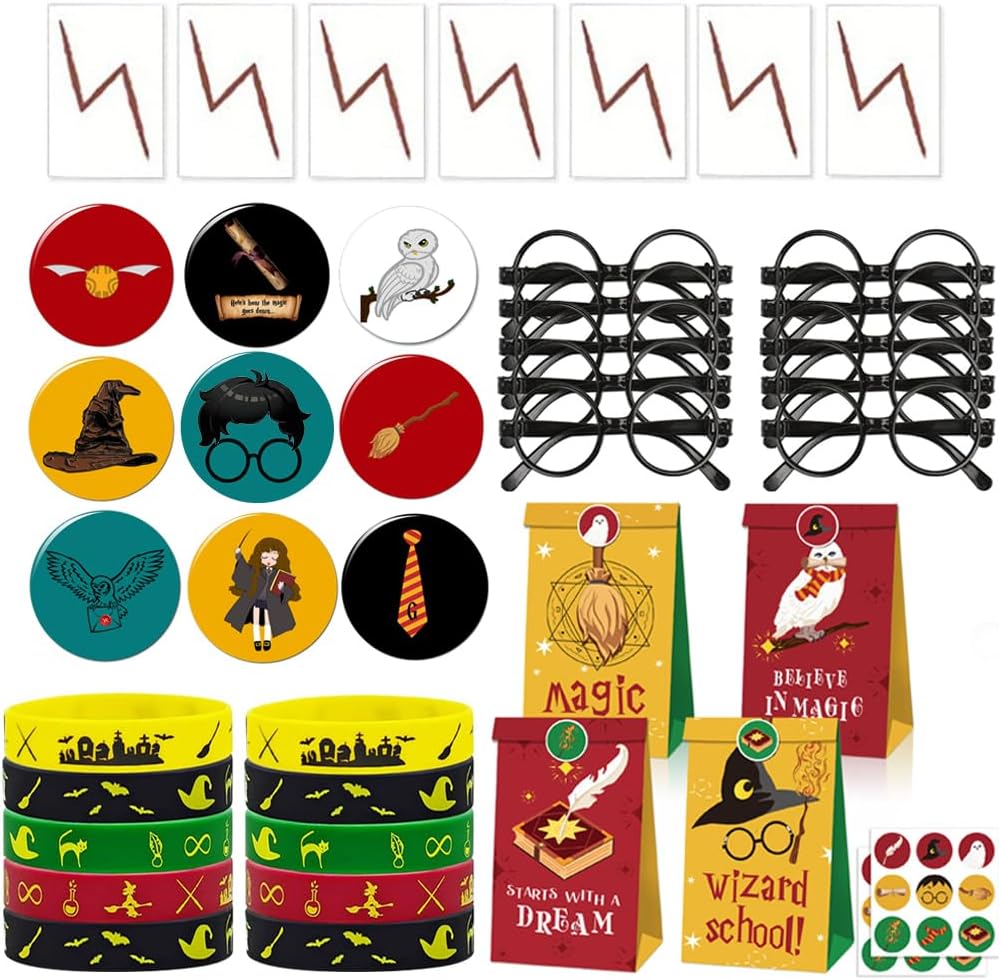 Wizard Harry Party Supplies Favors Gifts - Bag Fillers Include Button Pins, Glasses, Silicone Wristbands, Lightning Tattoos, Gift Bags With Stickers