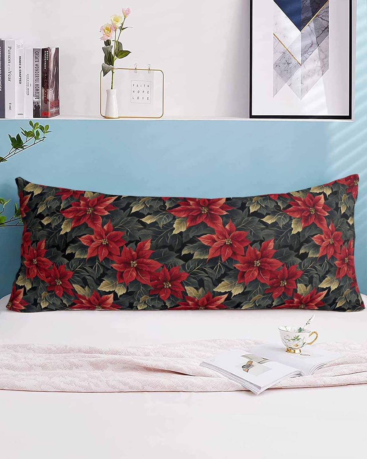 Body Pillow Case Cover Set of 1 - Christmas Microfiber Soft Pillowcases with Envelop Closure, Poinsettia Red Botanical Floral Lumbar Pillow Covers for Bedroom/Sofa/Couch, 20x54 Inches