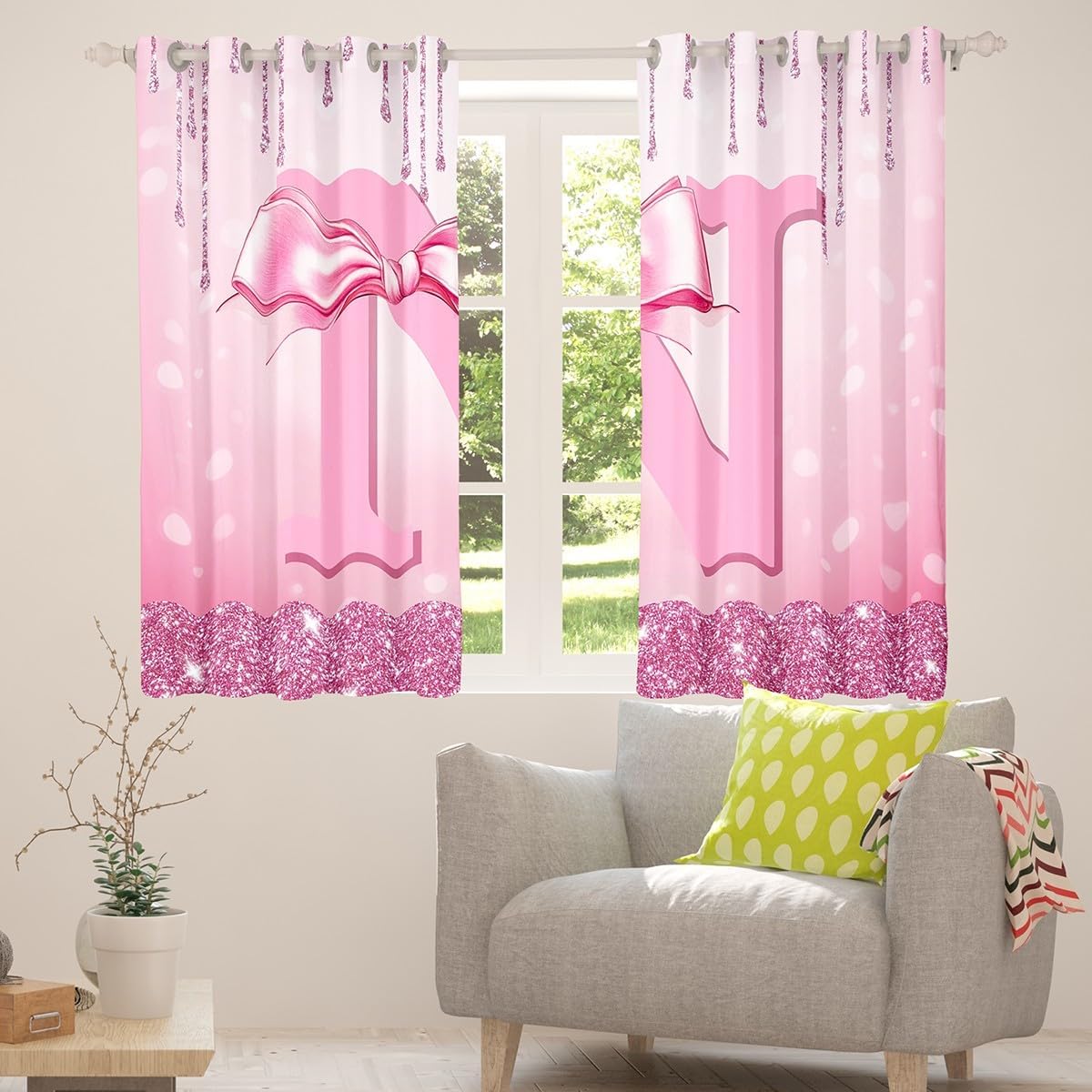 Erosebridal Initial N Blackout Curtains Girly Pink Bow Window Curtains 2 Panel Sets 42" Wx84 L Coquette Glitter Bow Window Treatments Drapes Alphabet Letter Teen Girl Decor Preppy Monogrammed Gifts