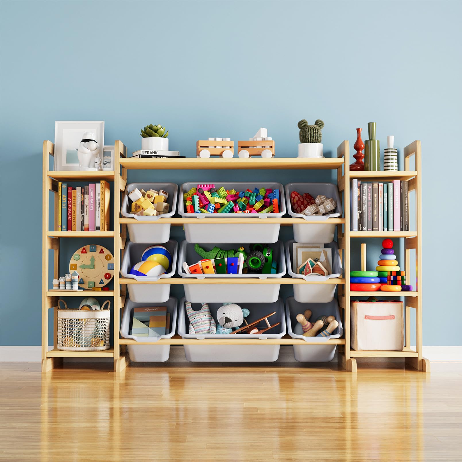 SpaceAid Large Toy Storage Organizer 9 Shelves 9 Bins, Toy Organizers Storage Bookshelf, Kids Bin Shelf Toys Box Bookcase for Bedroom Playroom