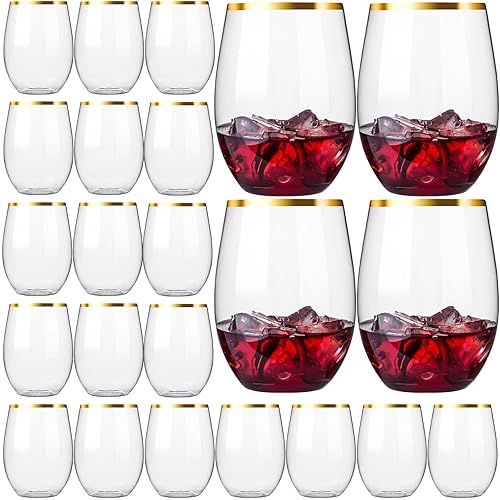 Paquete de 20 copas de vino desechables sin tallo, tazas de vino de plástico de 16 onzas, copas de vino irrompibles con borde dorado, copas de