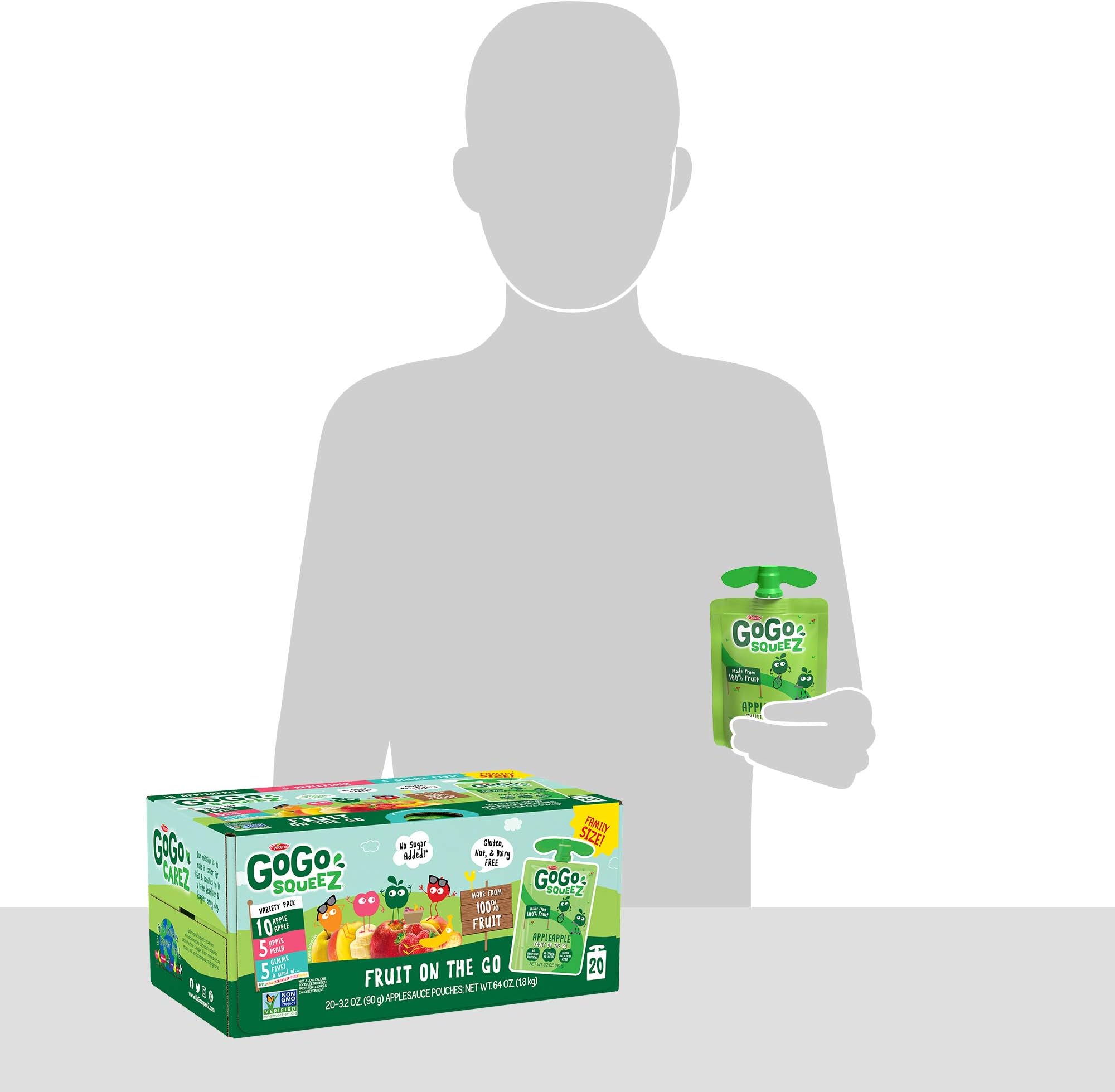 GoGo squeeZ Applesauce, Variety Pack (Apple/Peach/GIMME 5), 3.2 Ounce (20 Pouches), Gluten Free, Vegan Friendly, Unsweetened, Recloseable, BPA Free Pouches