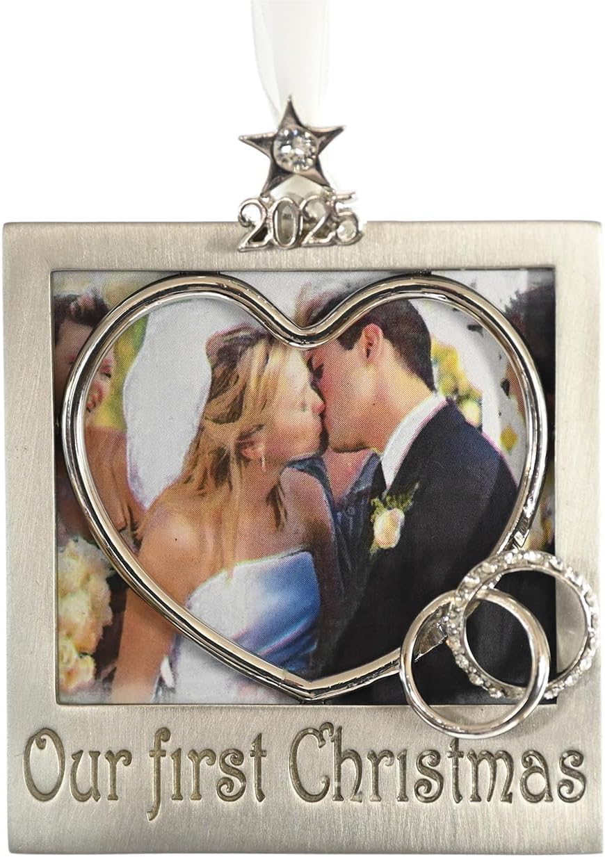 Our First Christmas 2025 Photo Ornament 3" * 3" Hand Crafted Pewter with Austrian Crystals
