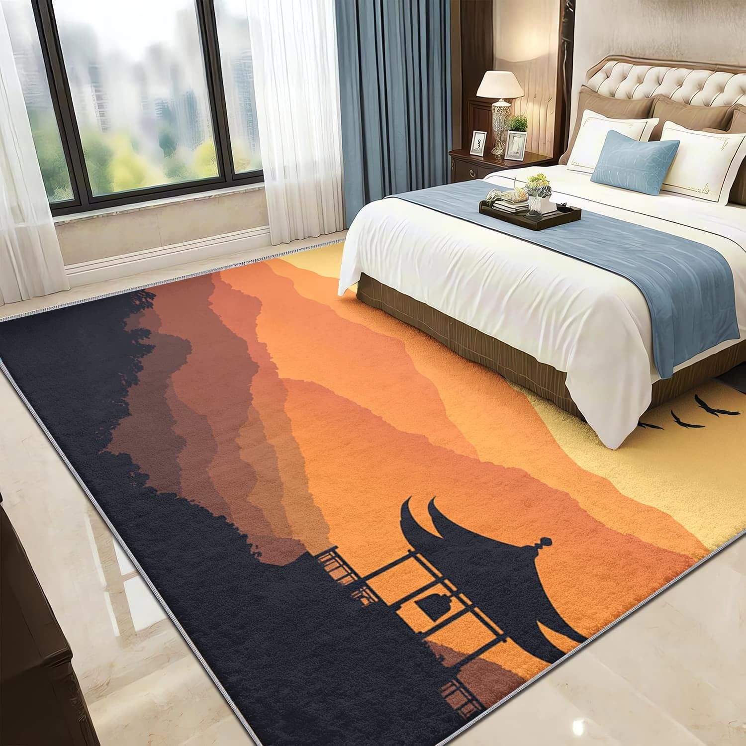 Genérico Alfombra Salón Dormitorio 80x150 cm Paisaje de Atardecer Natural Moderna Lavable y Antideslizante Pelo Corto de Alfombra Naranja Suave Esponjoso Sin Desprendimiento para Habitación Infantil