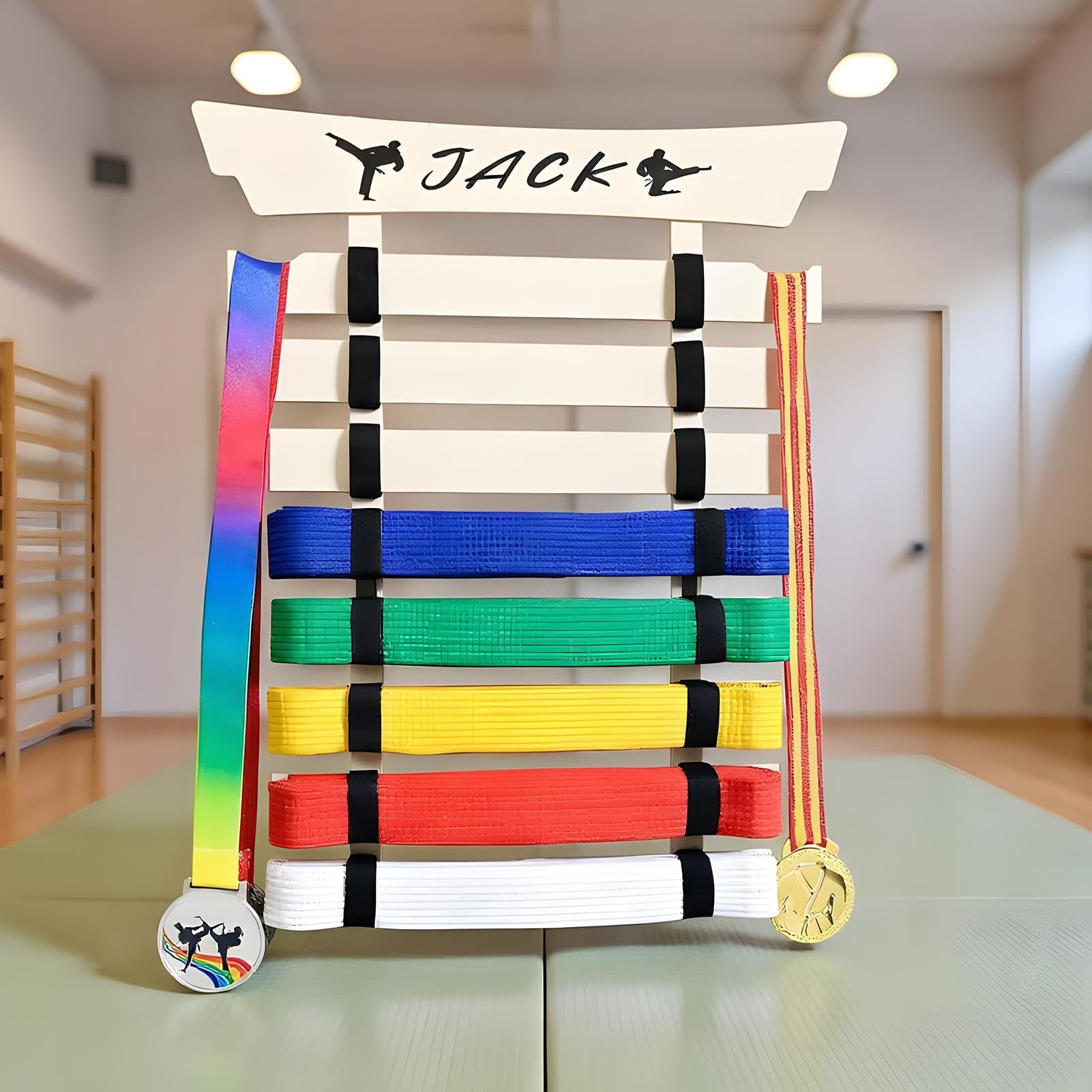 Portariga para cinturones de karate, organizador para cinturones de karate con gancho y pegatinas, equipo deportivo para niños, adolescentes y adultos