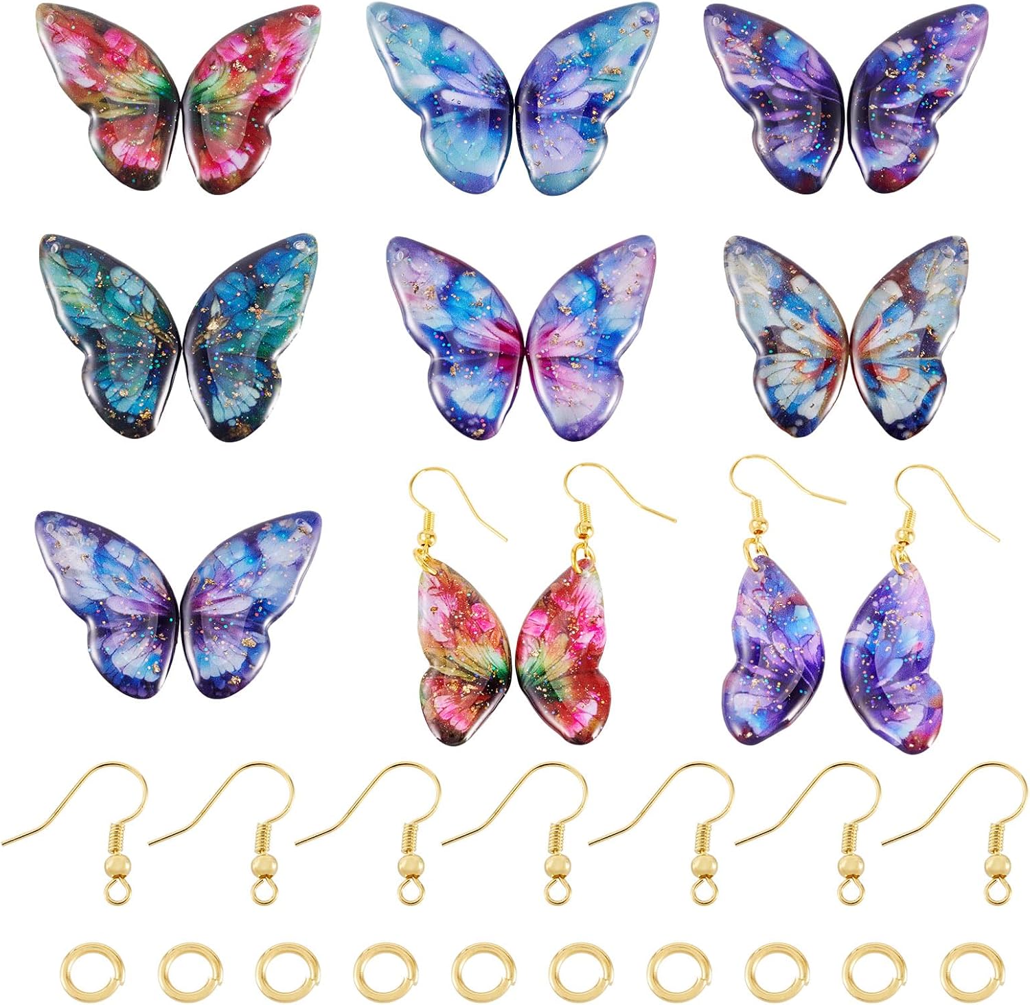 FASHEWELRY 14Pcs Resin Butterfly Wing Charms for Earring, Gradient Insect Wing Pendants Colorful Feather Wings Charms with Gold Foil for Jewelry Making - Earring Hooks & Jump Rings - Image 7