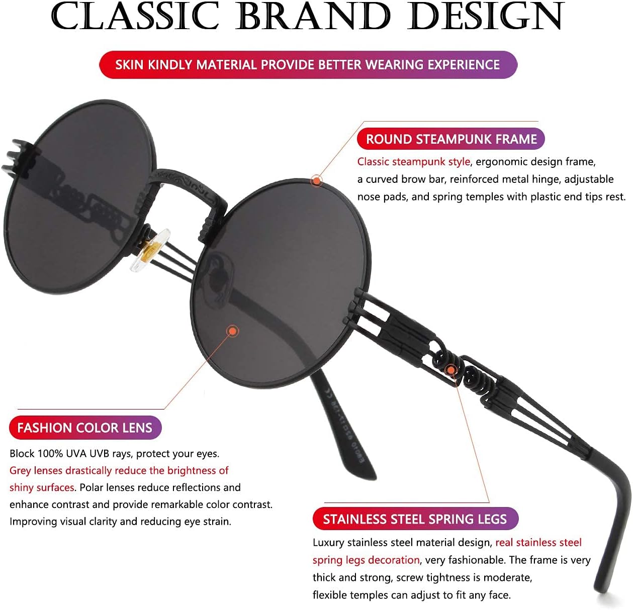 AIEYEZO Round Steampunk Sunglasses for Men Women Retro Circle Hippie Glasses Metal Frame 100% UV Blocking Lens - Image 4