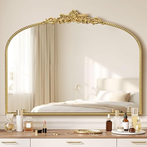 Miniatura 14 de Espejo de pared arqueado de oro antiguo, 36 x 28 pulgadas con marco de cuentas de metal, espejo decorativo para chimenea, dormitorio, sala de estar,