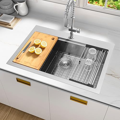 Miniatura 75 de Fregadero de cocina negro de 33 pulgadas, fregadero de acero inoxidable calibre 16, fregadero de estación de trabajo de un solo tazón con reborde