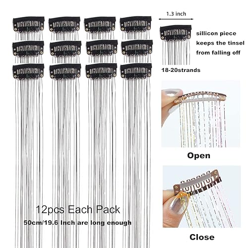 Miniatura 3 de 12 extensiones de cabello de oropel con clip de oropel con purpurina de 19.6 pulgadas, kit de oropel resistente al calor, accesorios de cabello de