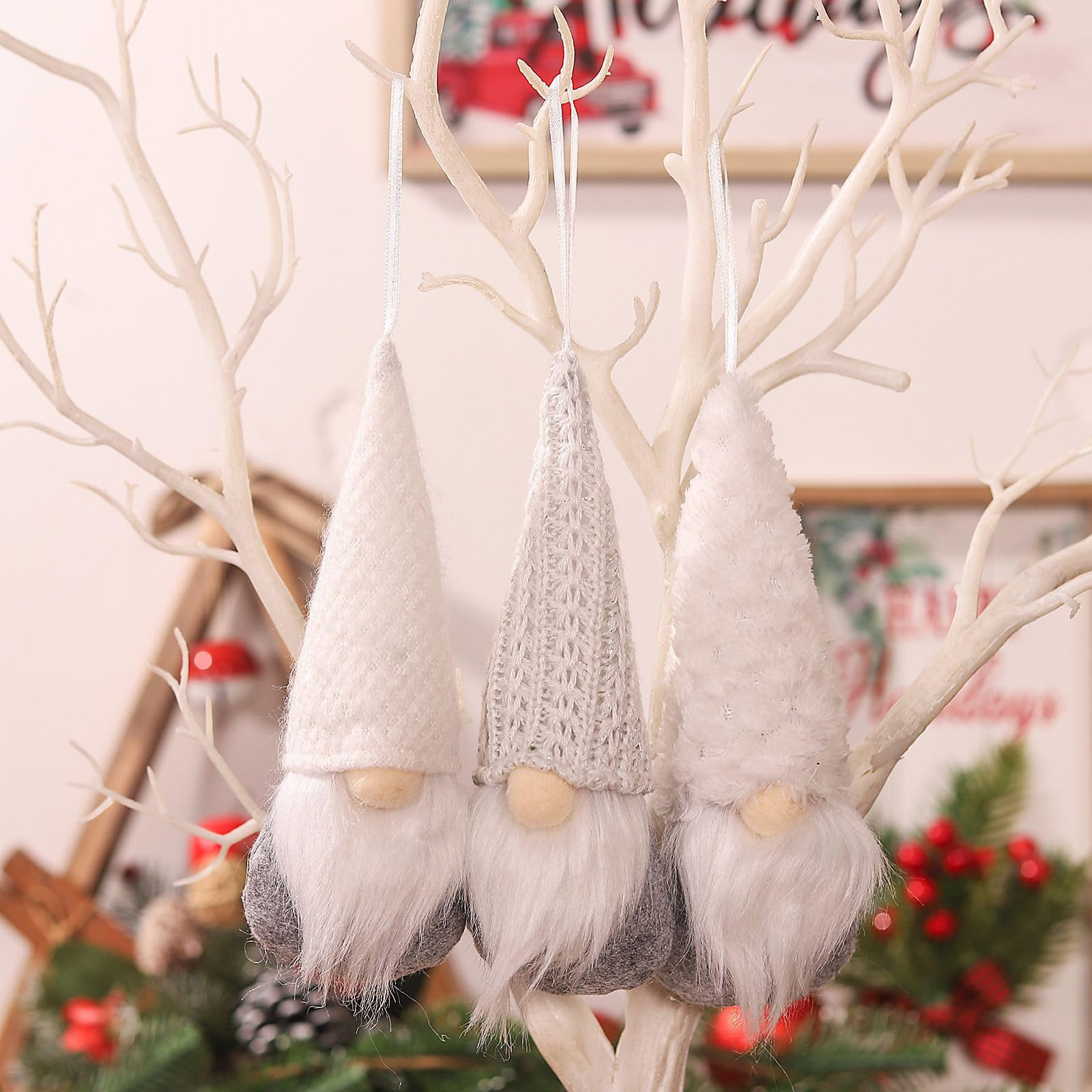 MSQ GNOME Lot de 3 décoration de Noël Faites à la Main en Peluche Père Noël | elfe Ornements de table d'arbre de Noël à suspendre Décoration d'intérieur