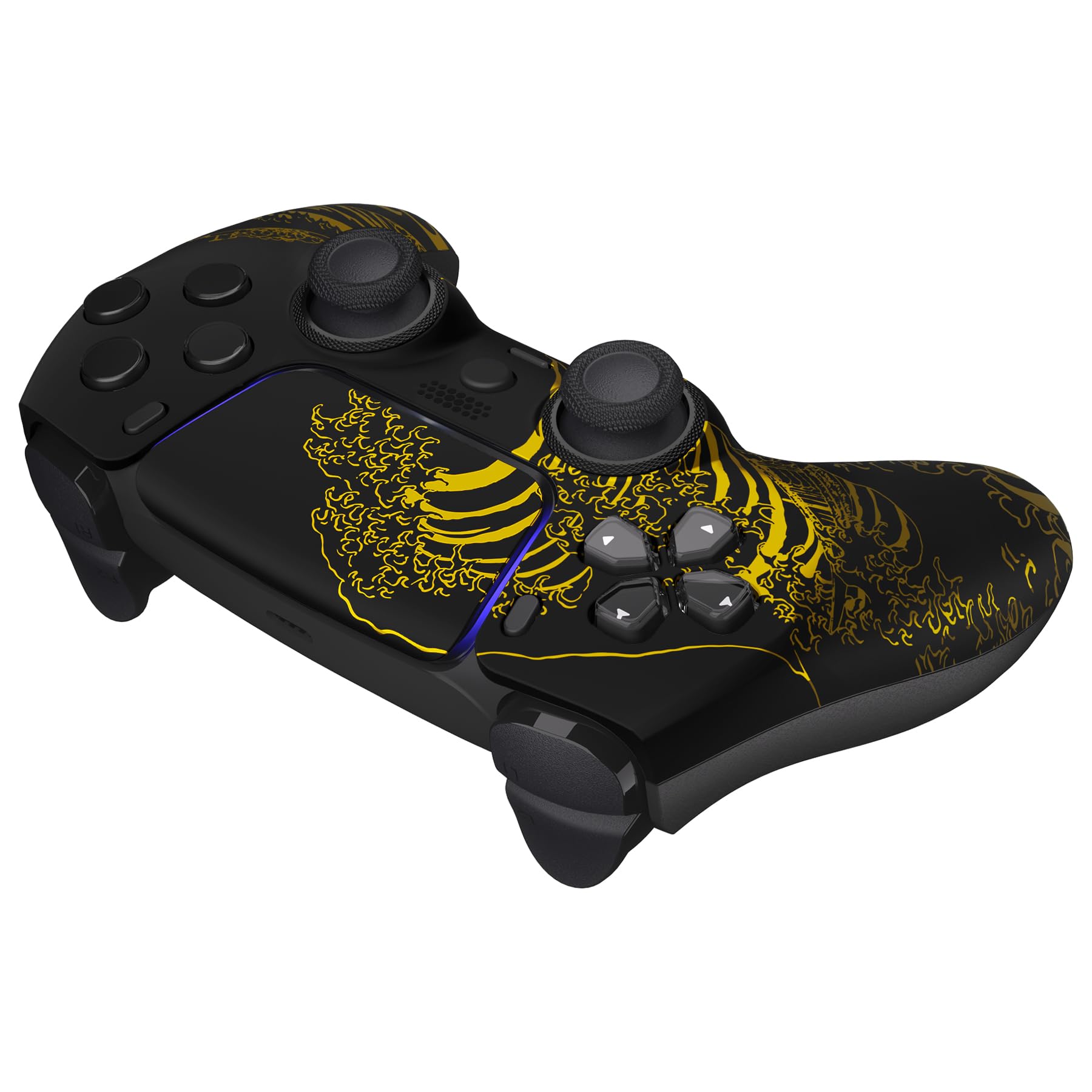 eXtremeRate Luna Cover Frontale per ps5 Controller, Scocca Shell Touchpad Anelli Accessori Ridisegnati per ps5 Joystick BDM-010 020 030 040 050 060, Grande Onda d'oro Nera