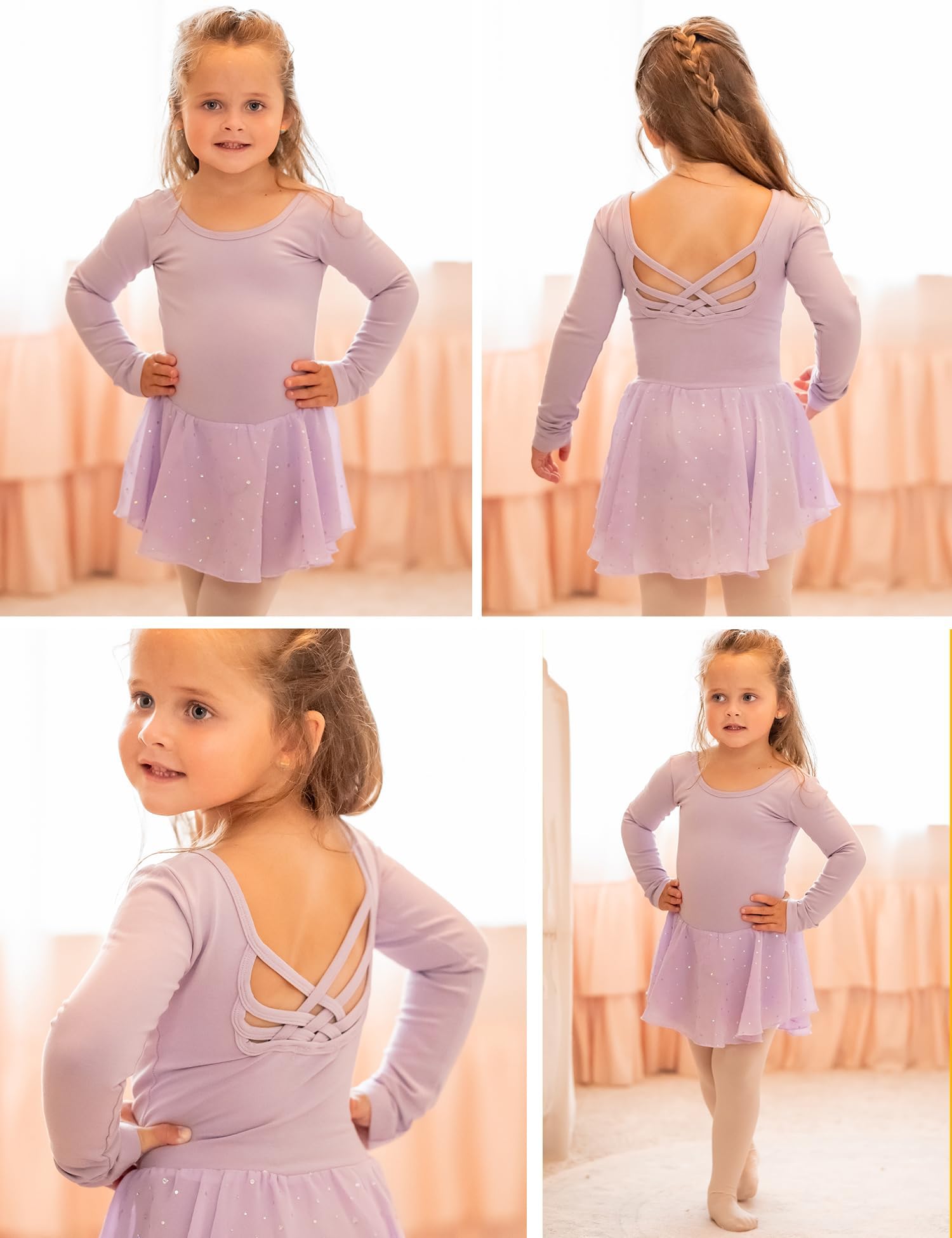 Arshiner Vêtements de Ballet Filles 2-10 Ans Robe de Ballet à Manches Longues Robe de Danse de Ballet pour Enfants Dos Nu Costume de Ballet en Coton Corps de Danse avec Jupe de Ballet Tutu