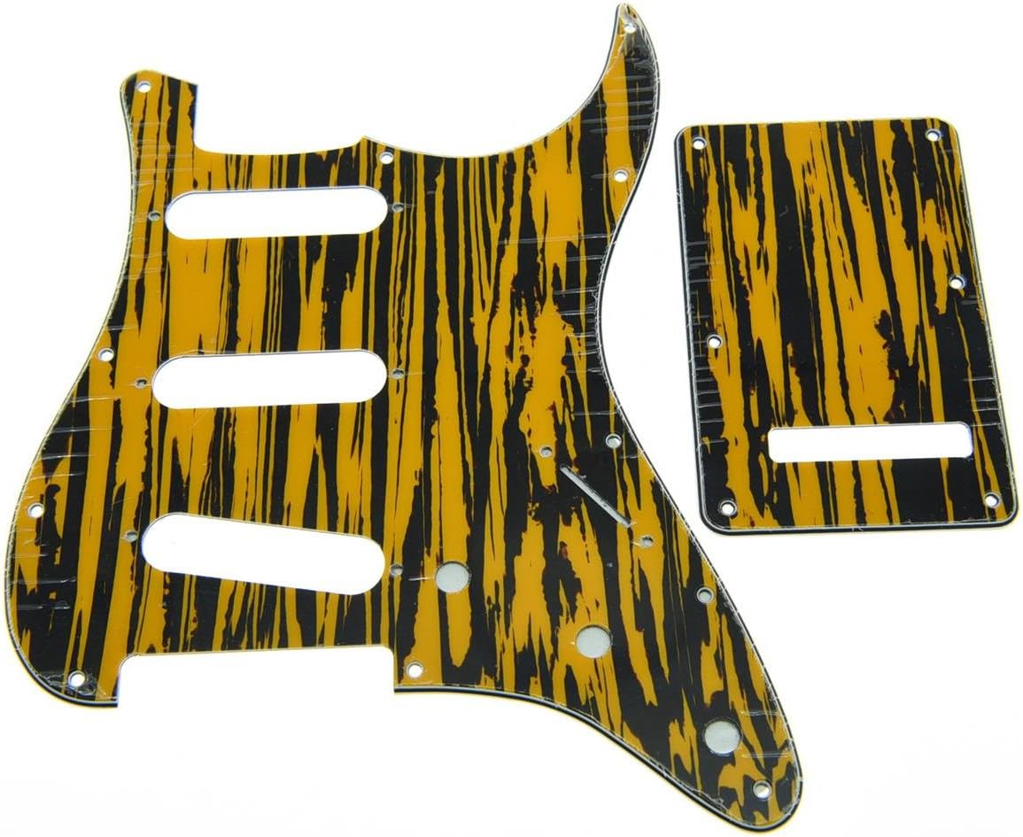 KAISH 11 Hole ST/Strat Style Pickguard SSS Pick Guard with ST Back Plate Tremolo Trem Cover for USA/Mexico Stratocaster/Strat Black Yellow Wicker
