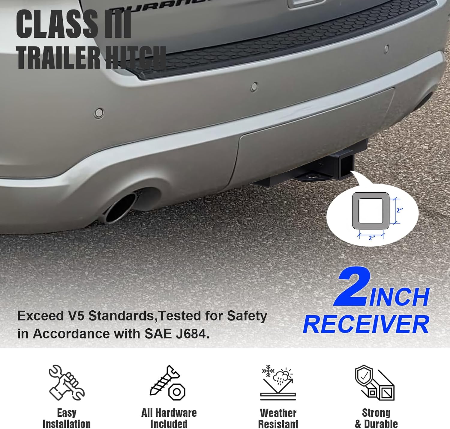 Trailer Hitch, 2 inch Towing Hitch Receiver with Class 3 Hitch Cover Compatible with Dodge Durango 2011-2025 & Compatible with Jeep Grand Cherokee 2012-2022