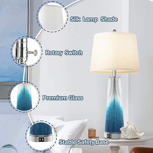 Miniatura 4 de Juego de 2 lámparas de mesa de 28 pulgadas, modernas lámparas de noche de cristal verde azulado con puertos de carga USB duales, pantalla de seda,