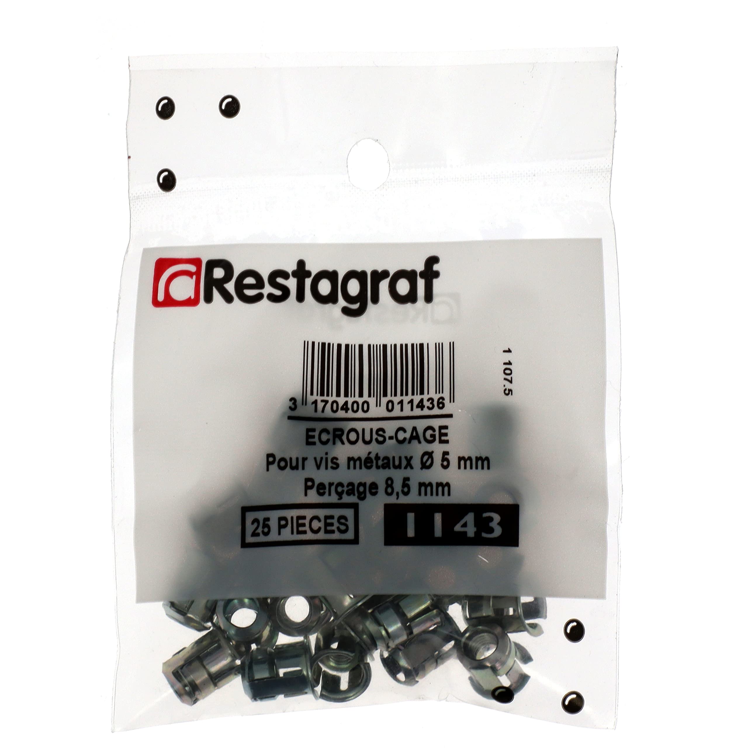 Restagraf - Écrou Cage M5 - 0.80 - Acier - Montage sans Soudure - Fixation Métallique pour Carrosserie, Support ou Panneau - Réf.1143 - Sachet de 25
