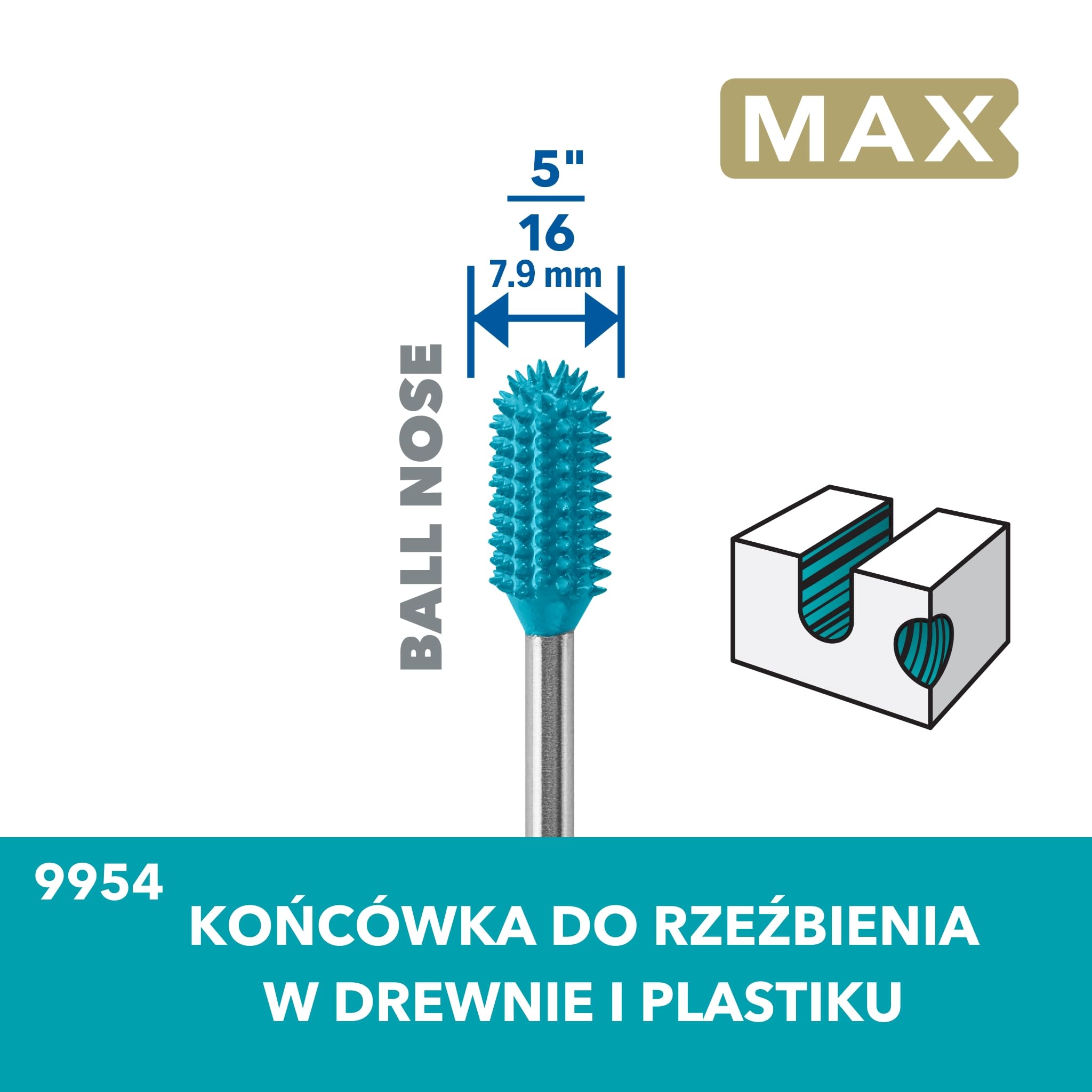 Dremel MAX High Performance Power Carving Bit (9954DM), bit ze stali nierdzewnej, średnica 7,9 mm do rzeźbienia okrągłych i płaskich, szczegółowych kształtów w drewnie, tworzywie sztucznym, EVA i