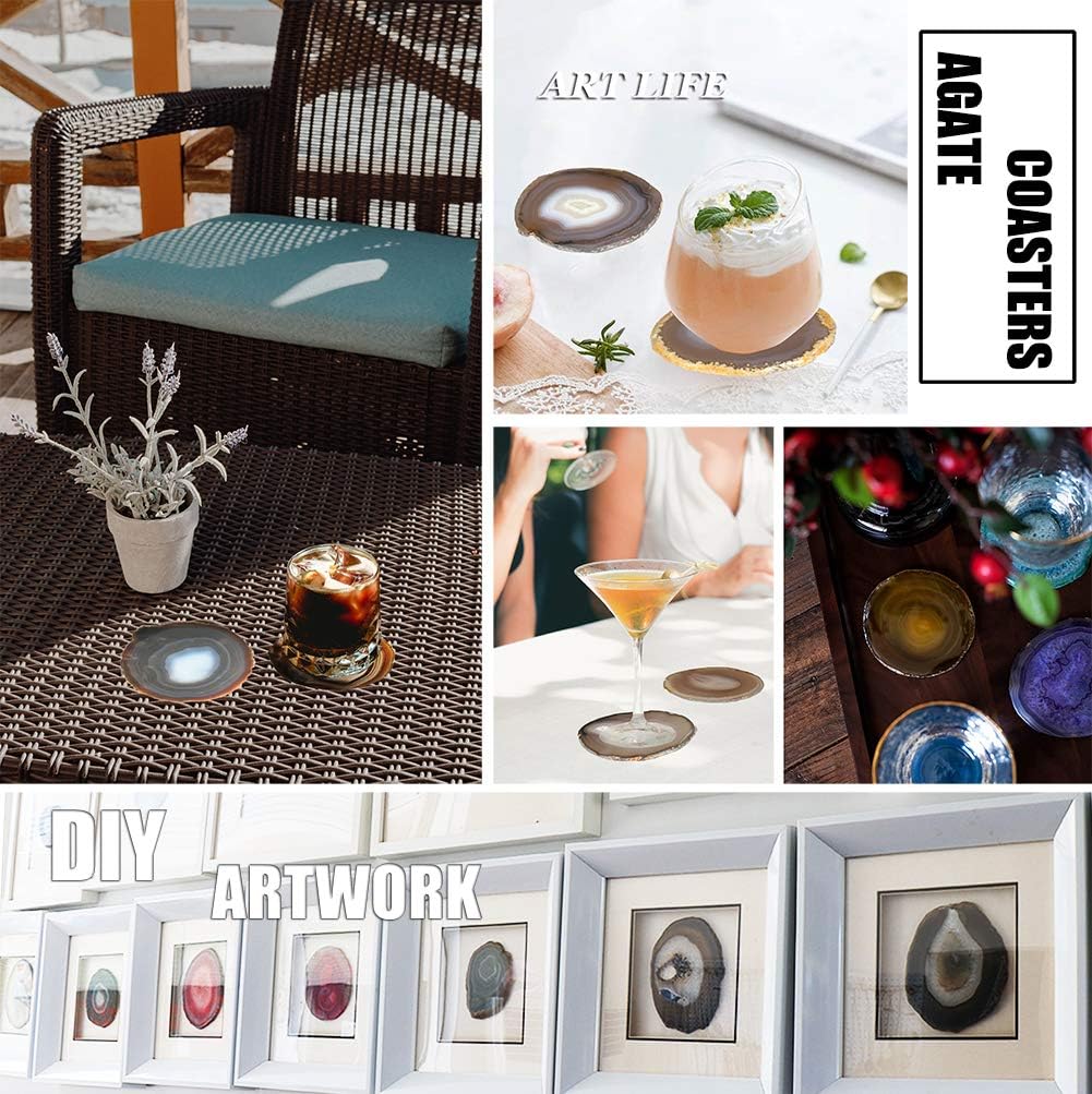 Natural Agate Coasters Set of 4, Brown Geode Stone Slices 4-5" for Coffee Mugs & Whiskey Glasses, Crystal Stone Table Decor with Rubber Bumpers