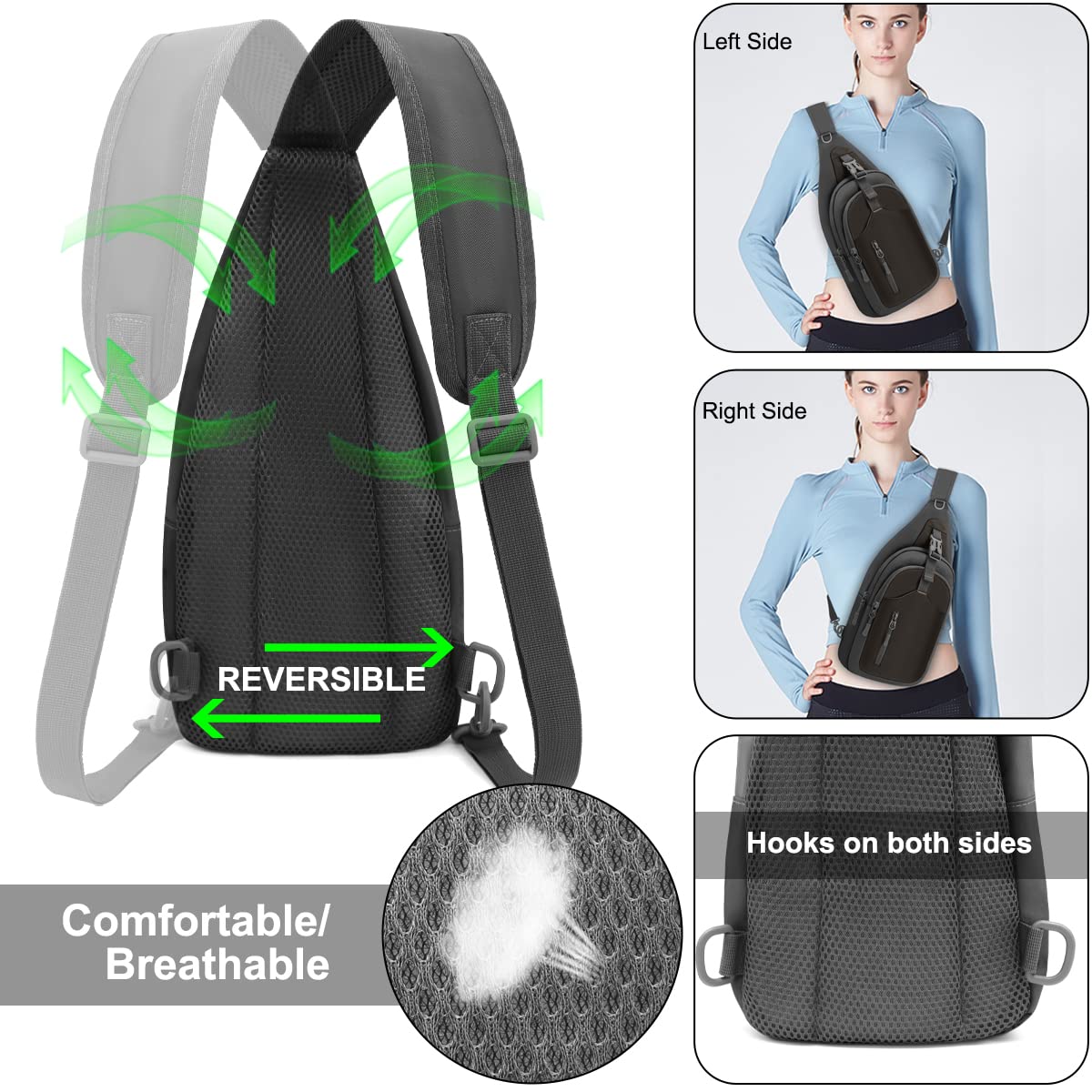 REETEE Sacoche Homme Bandouliere, Sac de Poitrine Sacoche Bandoulière avec Multi-Compartiments Léger Casual Sling Bag pour Homme et Femme pour Randonnée Cyclisme Voyage Camping (noir)