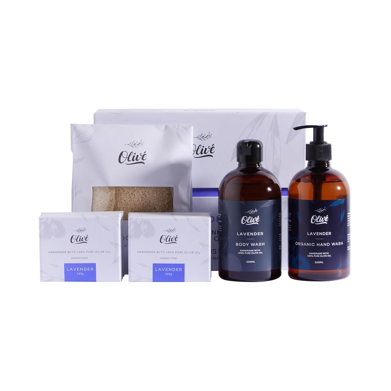 Natural Olive Oil Gift Box Five Piece Lavender Scent Body Wash 500ml Hand Wash 500ml Two 125g Bar Soaps With Exfoliating Loofah Moisturizing Gentle Cleanse Set for Face Body and Sensitive Skin