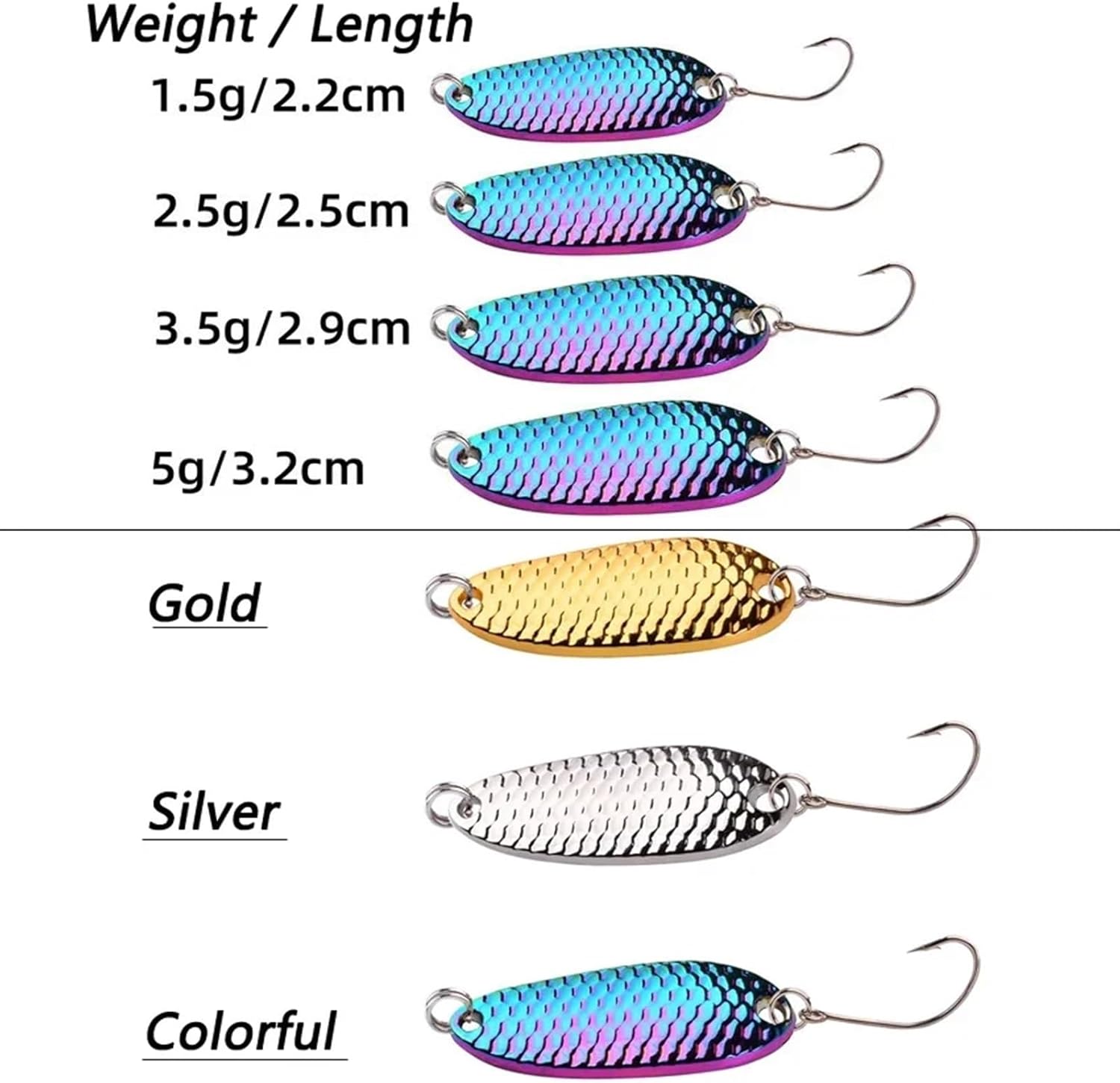 1.5g/2.5g/3.5g/5g Fishing Lures Tackle Metal Spoon Lure Hard Bait Sequins Lure Freshwater Saltwater Wobblers Spinner Spoons (Size : 2.5G-2.5CM)