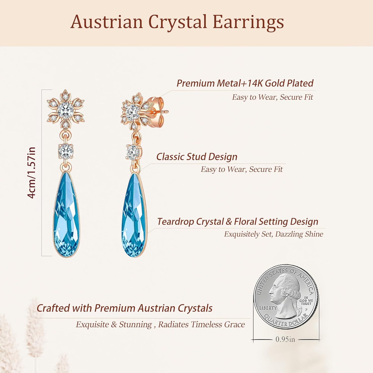 Austrian Crystal Teardrop Earrings Flower Dangle Earrings for Women 14K Gold Plated Drop Stud Earrings Hypoallergenic Jewelry - Image 5