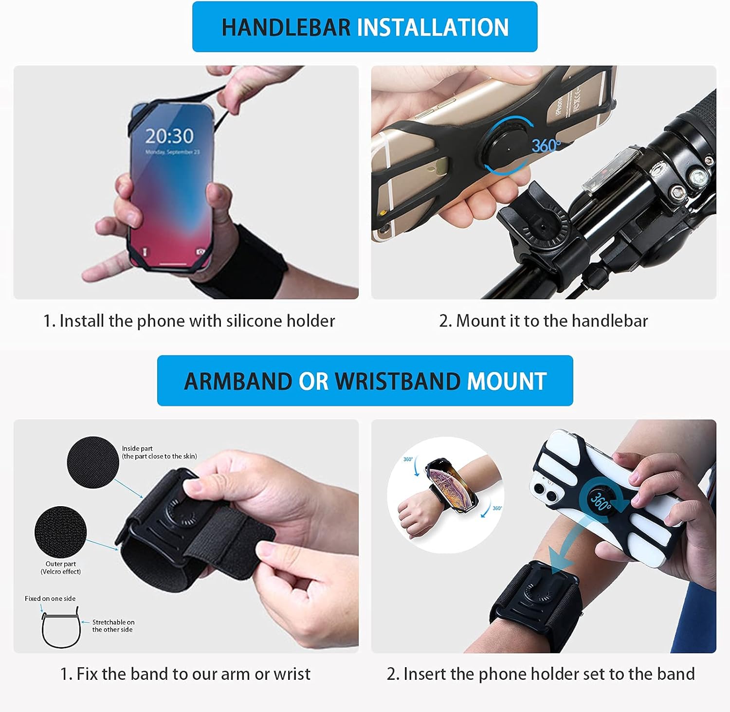 Zonyee Bike Phone Holder Mount,3 in 1 Running Armband Phone and Wristband,360 Rotation Silicone for All 4.5-7 Inch Smartphones,Great for Hiking Biking Running : Automotive