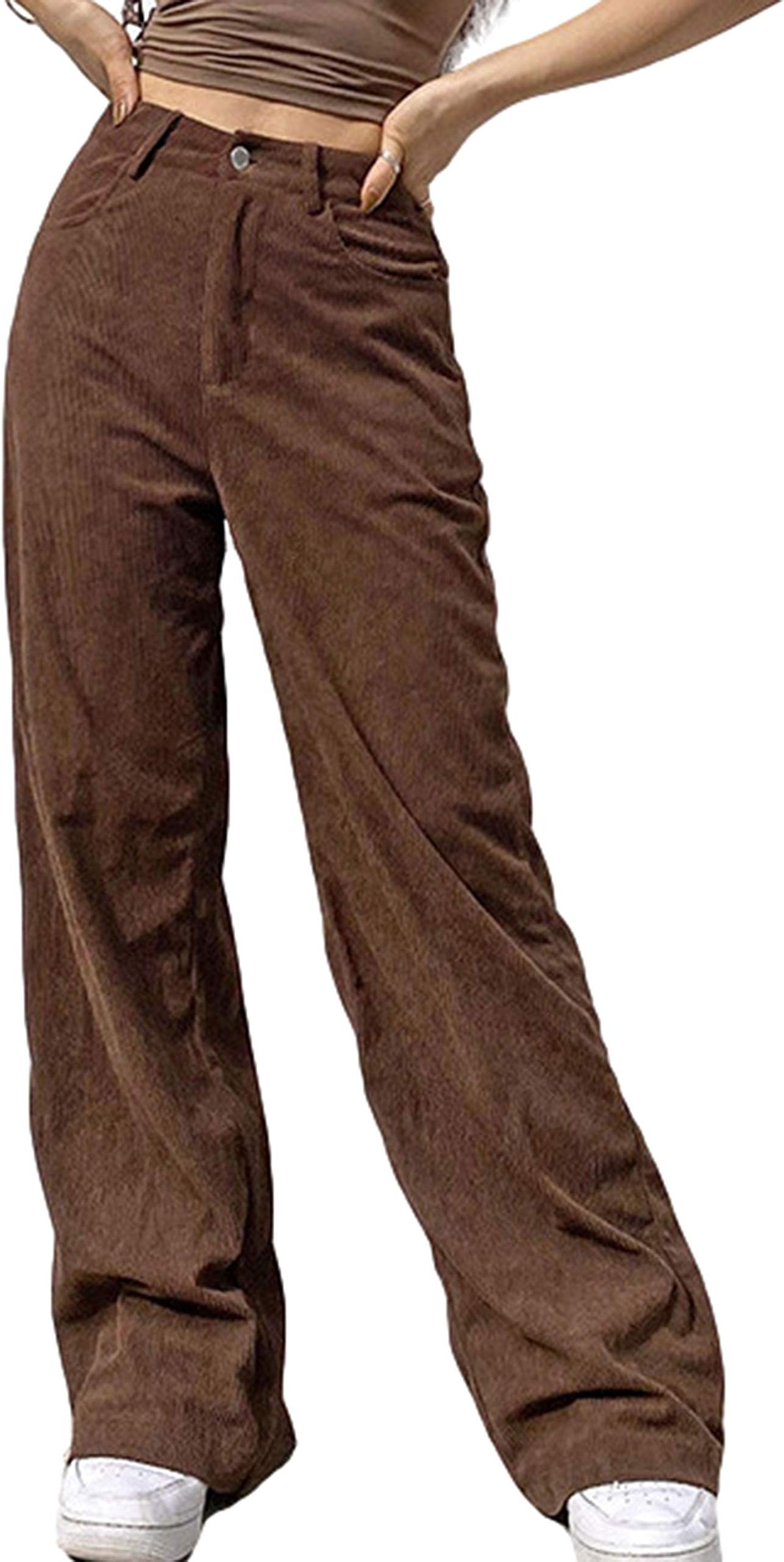 Himosyber Corduroy Pants for Women Wide Leg High Waist Loose Comfy Trousers with Pockets