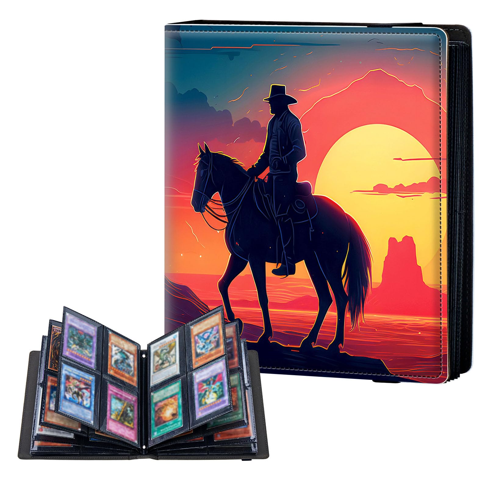ETLKJVBL 4 Pocket Trading Card Binder, Card Collection Binder for TCG, MTG, Sports Cards, Baseball, Sunset Cowboy Trading Card Book Holder for Collectors, Top Loader Binder