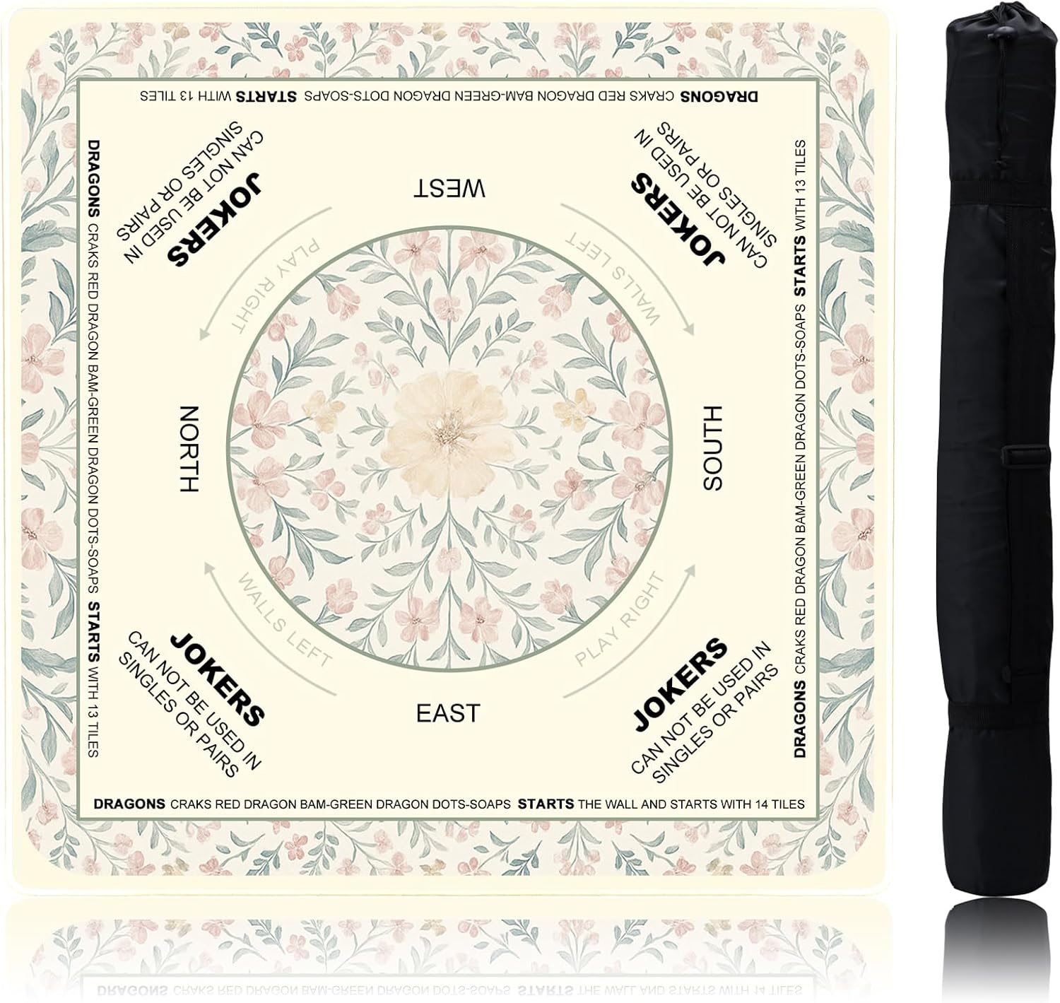 Flowers Mahjong Mat (32"x32") Noise Reduction Non-Slip with Playing Instructions for Learning, American Mahjong Mat for Table with Carrying Bag for Mahjong, Poker, Board Games and Cards