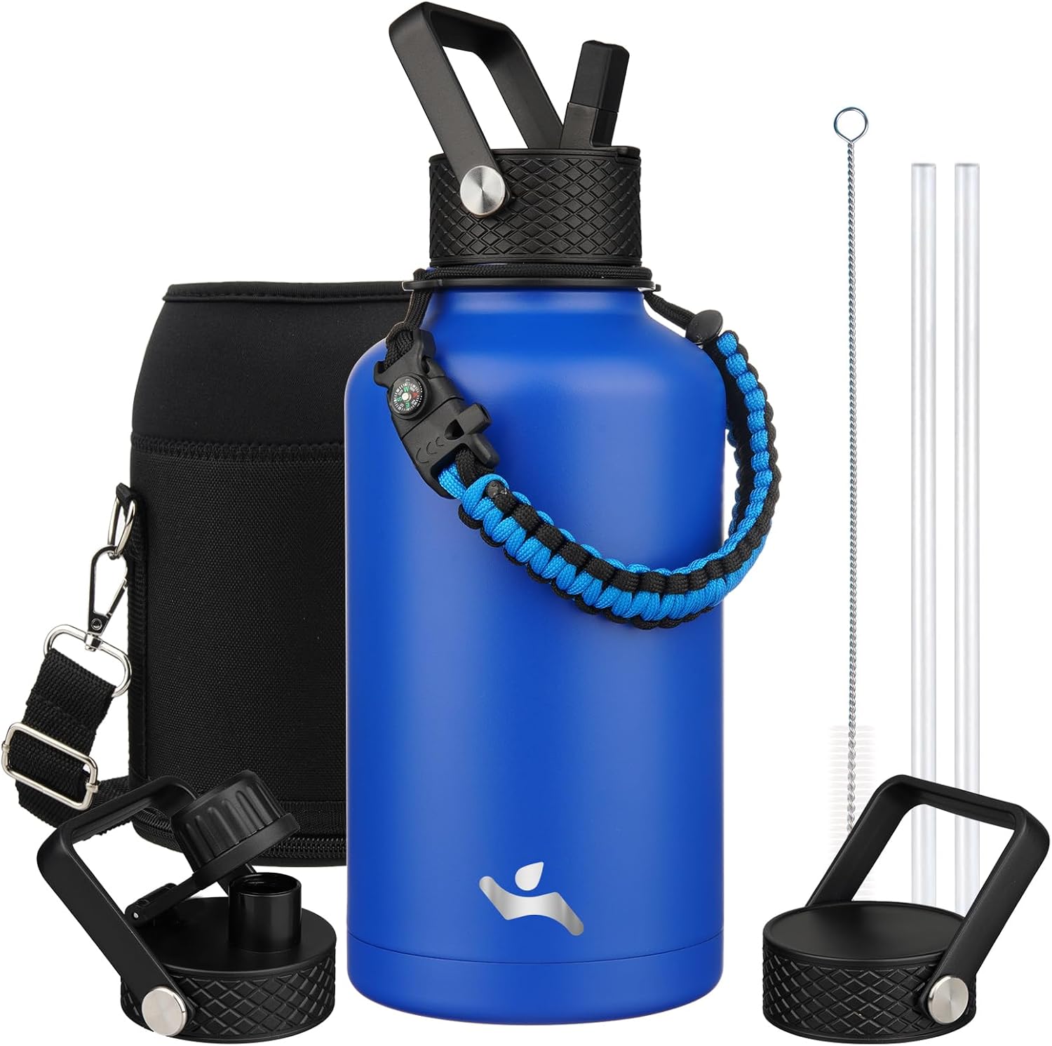 Konokyo Half Gallon Insulated Water Bottle with Straw,64 oz 3 Lids Water Jug with Carrying Bag,Paracord Handle,Double Wall Vacuum Stainless Steel Metal Flask,Blue