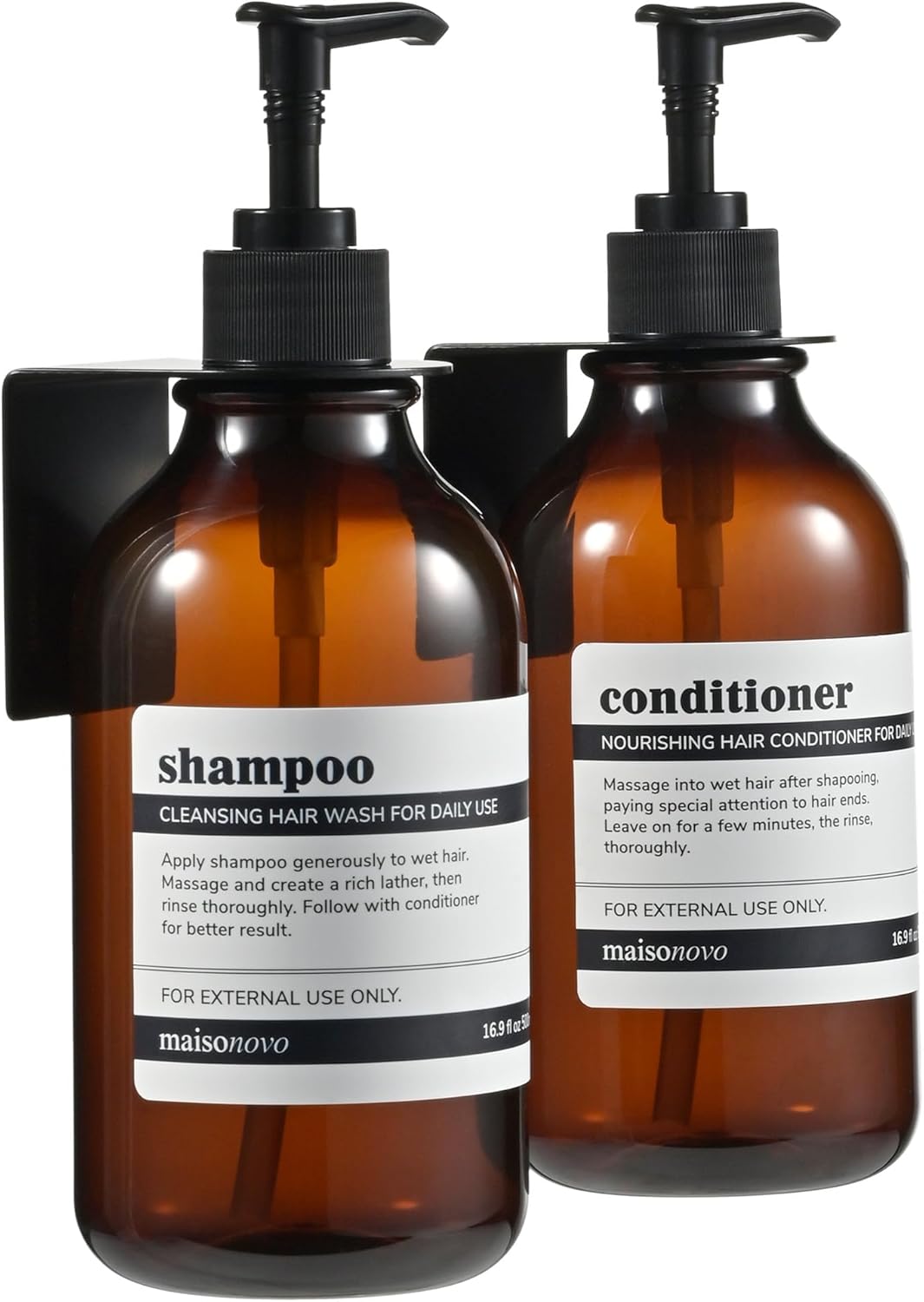 MaisoNovo Shampoo and Conditioner Dispenser with Wall Mounts - Bathroom Hand Soap Dispenser - 2 Wall Mount and 2 Glass Bottles