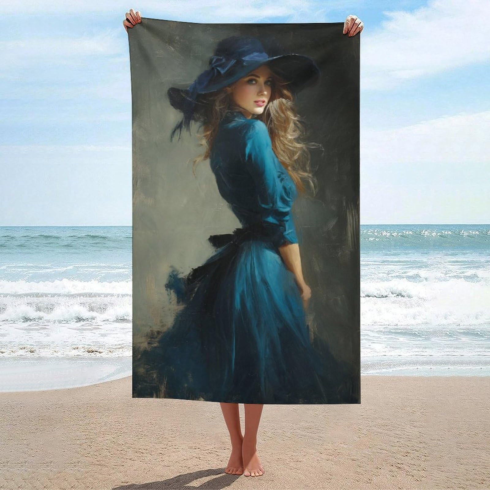 asbwuo Elegant Woman in A Blue Dress Hat Beach Towel