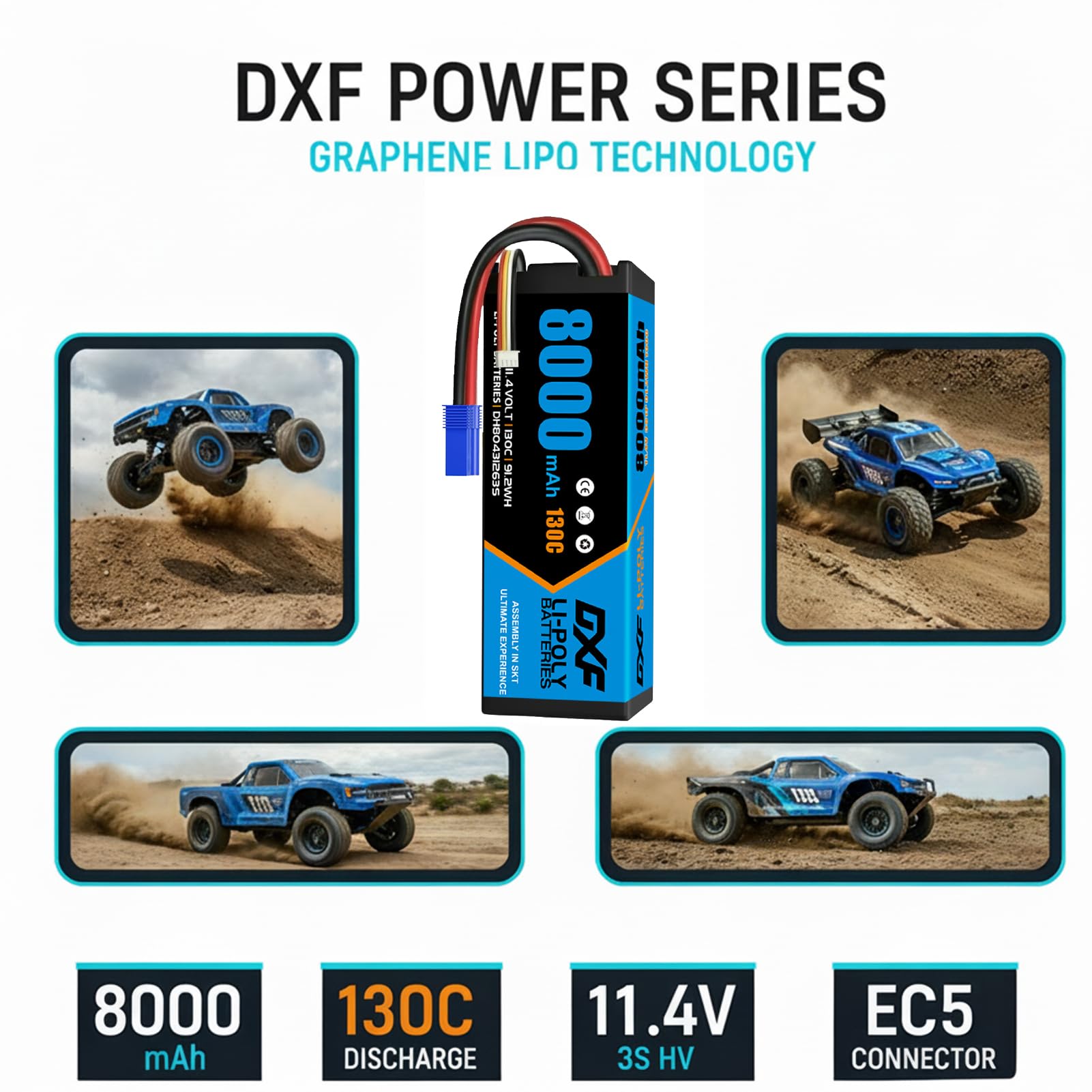 DXF 3S HV LiPo Batteria 11,4 V 8000 mAh 130 C Confezione da 2 batterie con spina EC5 per 1:8 1:10 RC Auto Truck Buggy Veicoli Racing Offroad Modellismo ad alte prestazioni, durevole e affidabile