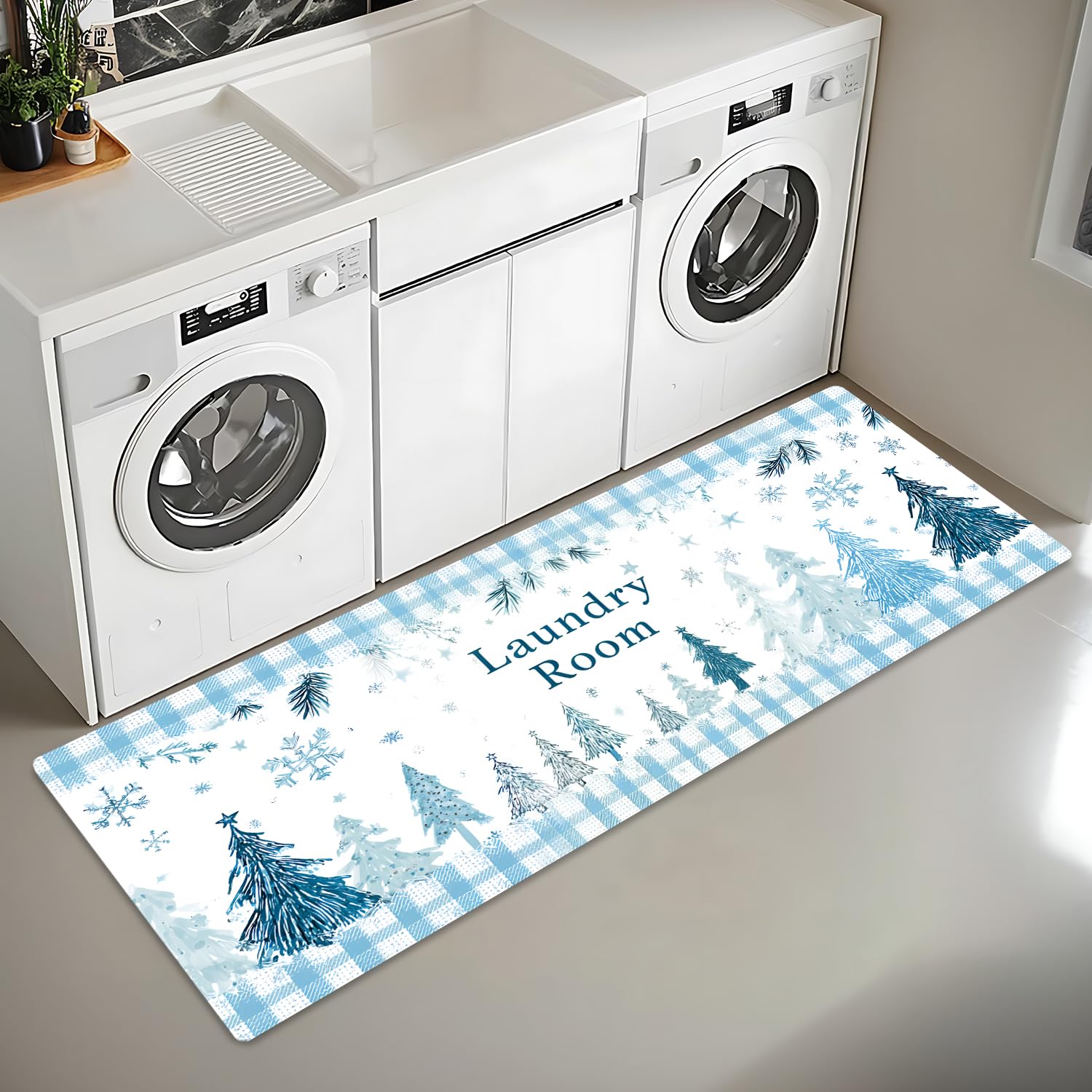 Christmas Laundry Room Runner Rug,Non-Slip Waterproof Long Carpet,Indoor Mat for Living Room, Kitchen, Entryway (Blue, 20x47 inch)