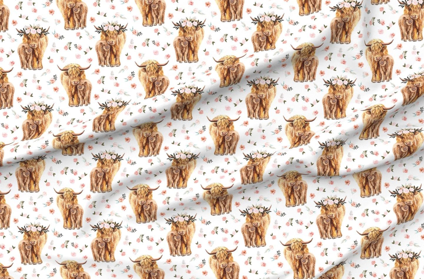 Spoonflower Fabric - Floral Highland Cow Scottish Cattle Spring Flowers Baby Nursery Pink Printed on Organic Cotton Sateen Fabric by The Yard - Sewing Quilting Apparel Home Decor