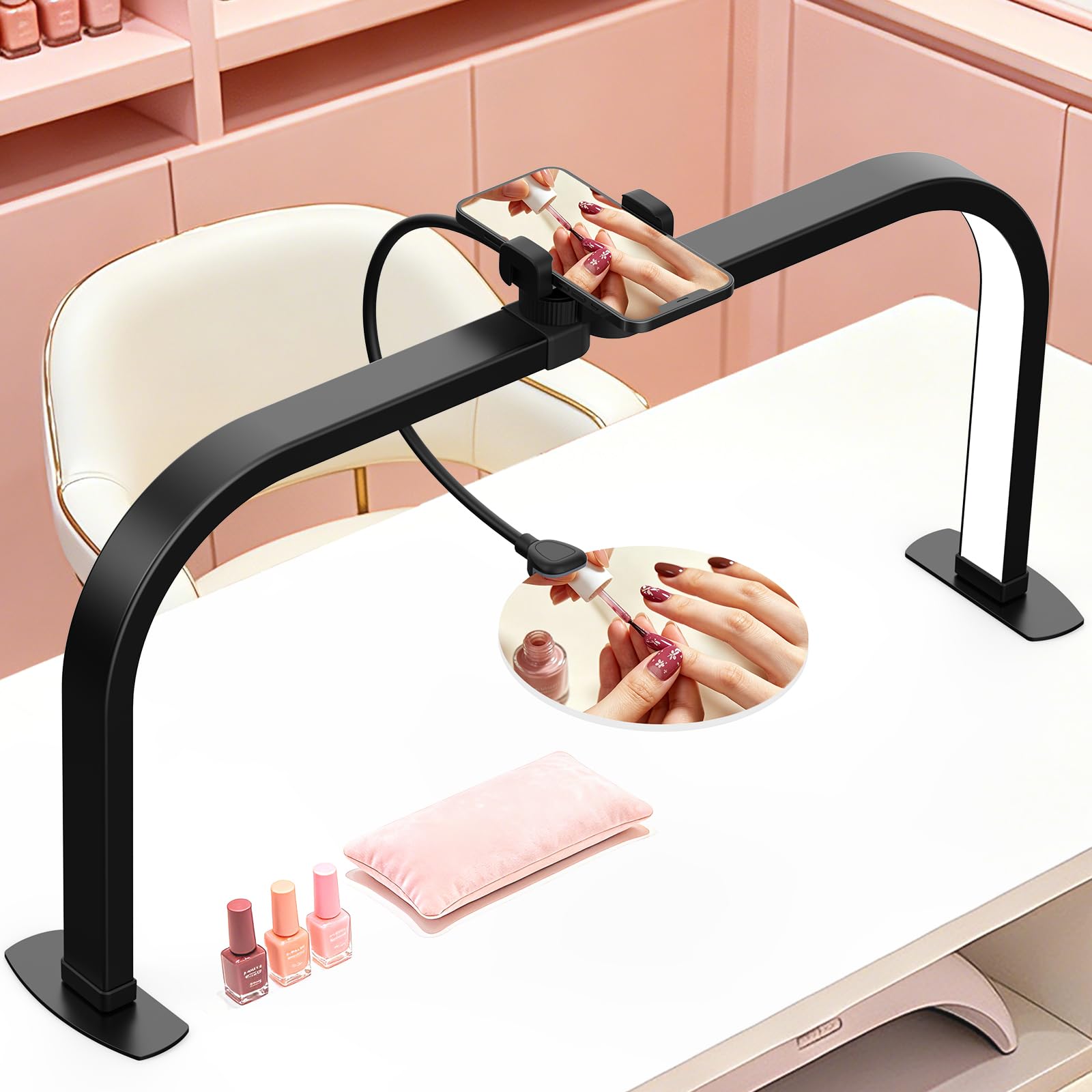 Large Half Moon Light for Nail Desk, Foldable Arch Light with 10X Magnifier & Phone Holder for Soldering Reading, Nail Tech Lamp Tattoo Craft Manicure Eyelash, 392 LED 3 Colors Stepless Dimming-image-34