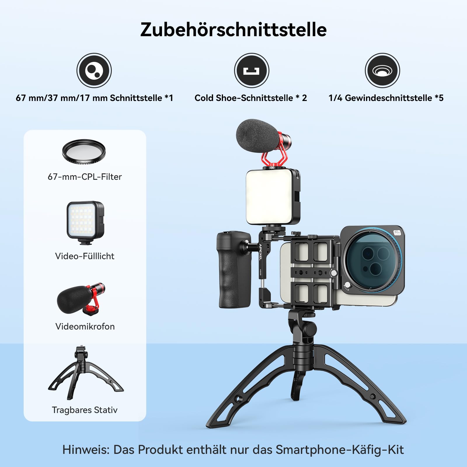 APEXEL iPhone Rig Kit, Smartphone Video Rig mit magnetischem Bluetooth, 2500 mAh-Griff-Ladehülle, 67/37/17 mm Filteradapter, Geeignet für iPhone 16/15/14, und andere Mobiltelefone