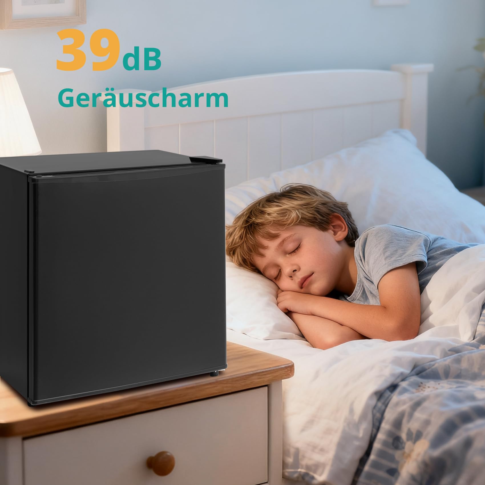SMETA 46L Mini Kühlschrank, Klein Kühlschrank Leiser 39dB, Minikühlschrank 6-Stufen Thermostat 0-10°C, mit wechselbarem Türanschlag für Zuhause Büro Camping Schlafzimmer, Schwarz