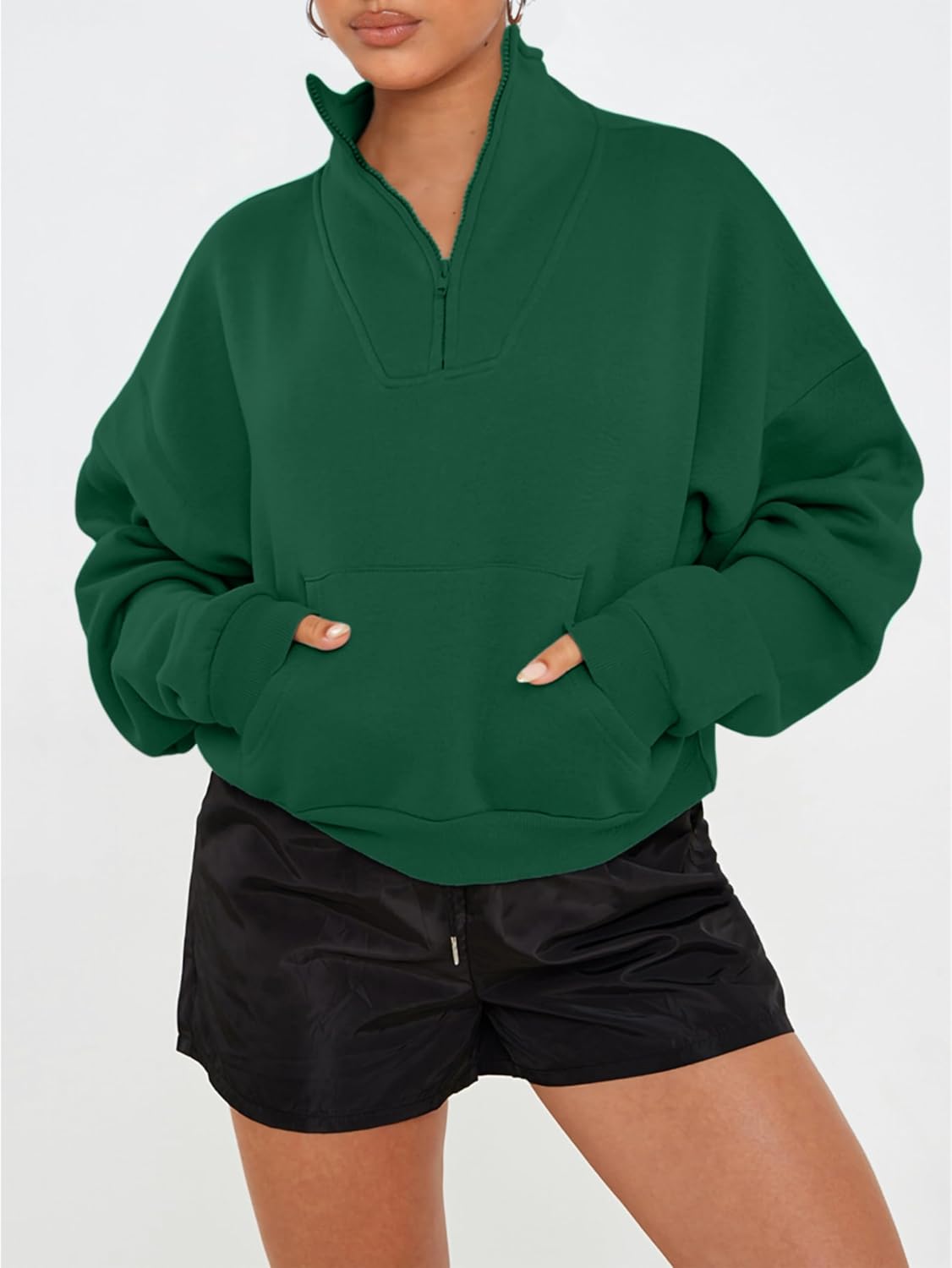 PRETTYGARDEN Womens Quarter Zip Long Sleeve Cropped Sweatshirt 2025 Fall Winter Casual V Neck Pullover Tops With Pockets - Image 2