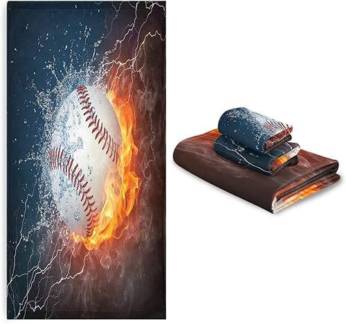 Vista 7 de ALAZA Juego de toallas de baño, toallas de fuego de agua de béisbol, 3 piezas, 1 toalla de baño, 1 toalla de baño, 1 toalla de mano, juego de 3