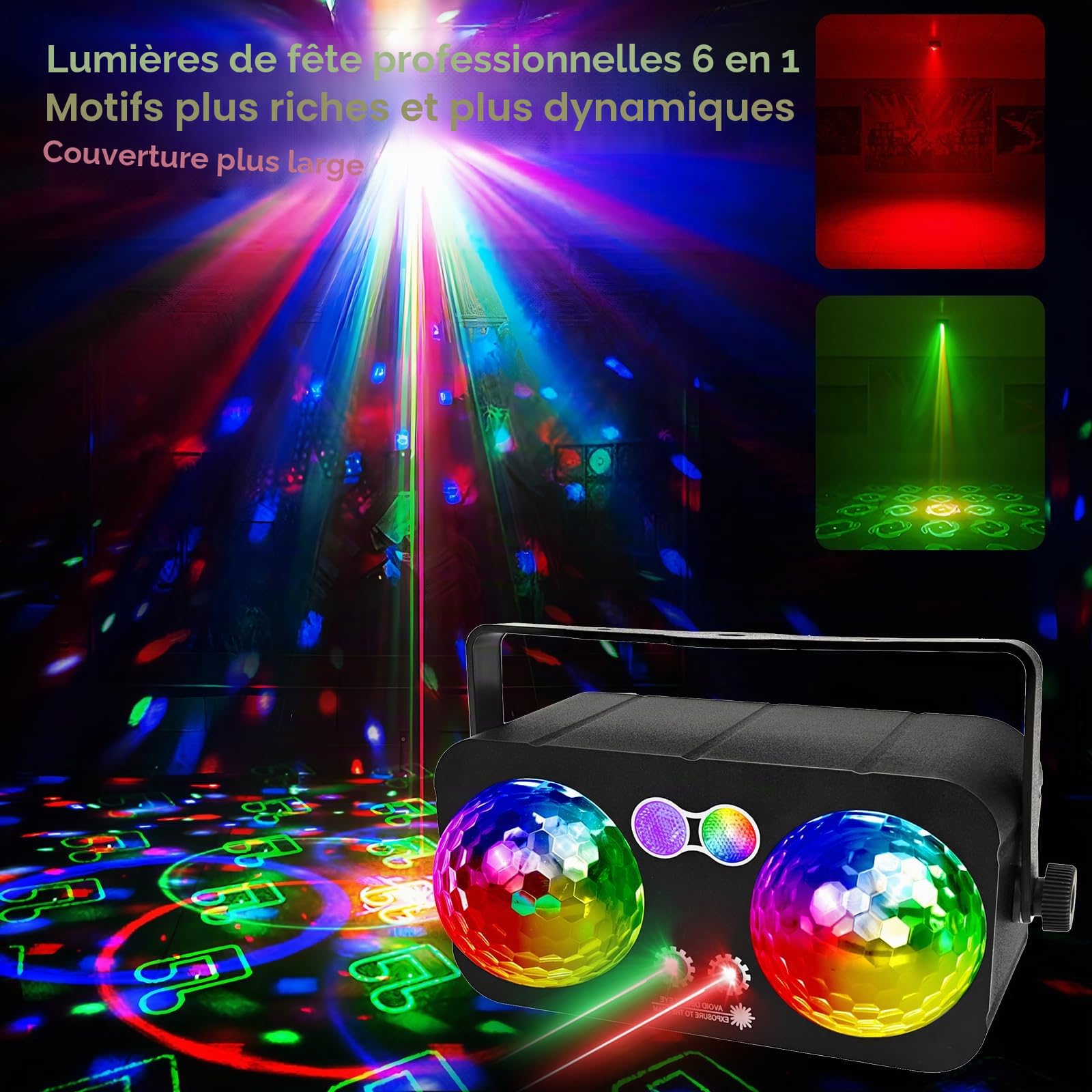 Boule disco 6 en 1 - Lumière disco - LED activée par le son - Lumière stroboscopique DJ colorée pour l'intérieur, les fêtes dansantes, les anniversaires, les raves, les clubs à la maison, le karaoké